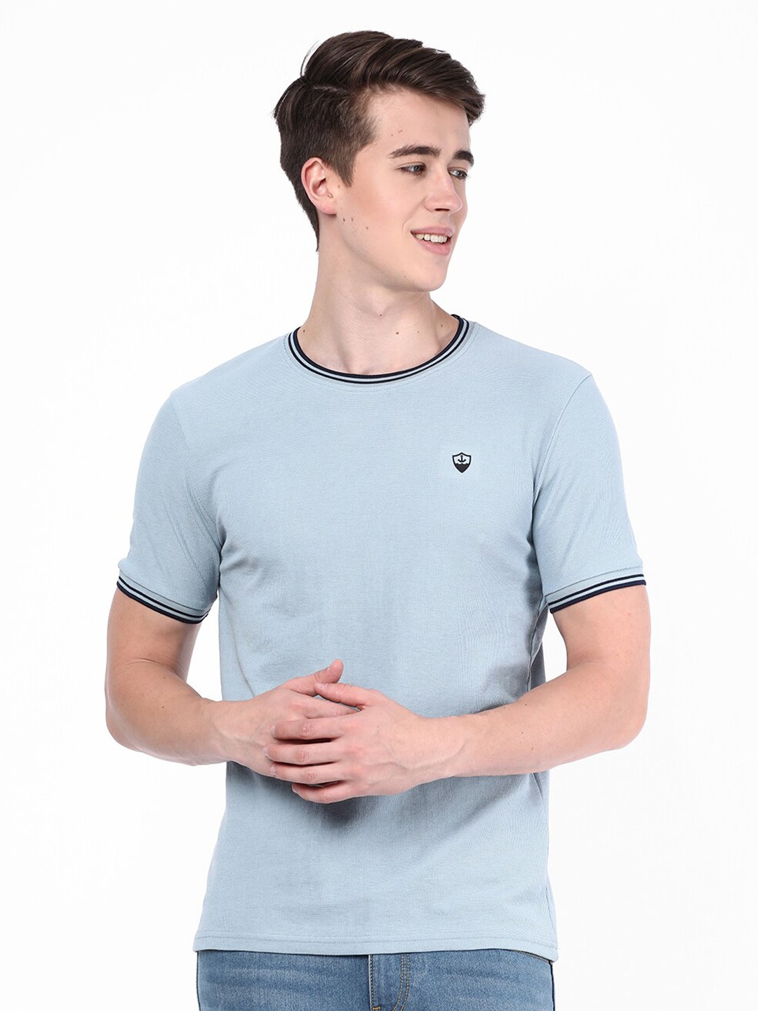 

R&B Round Neck Short Sleeves Cotton T-shirt, Blue