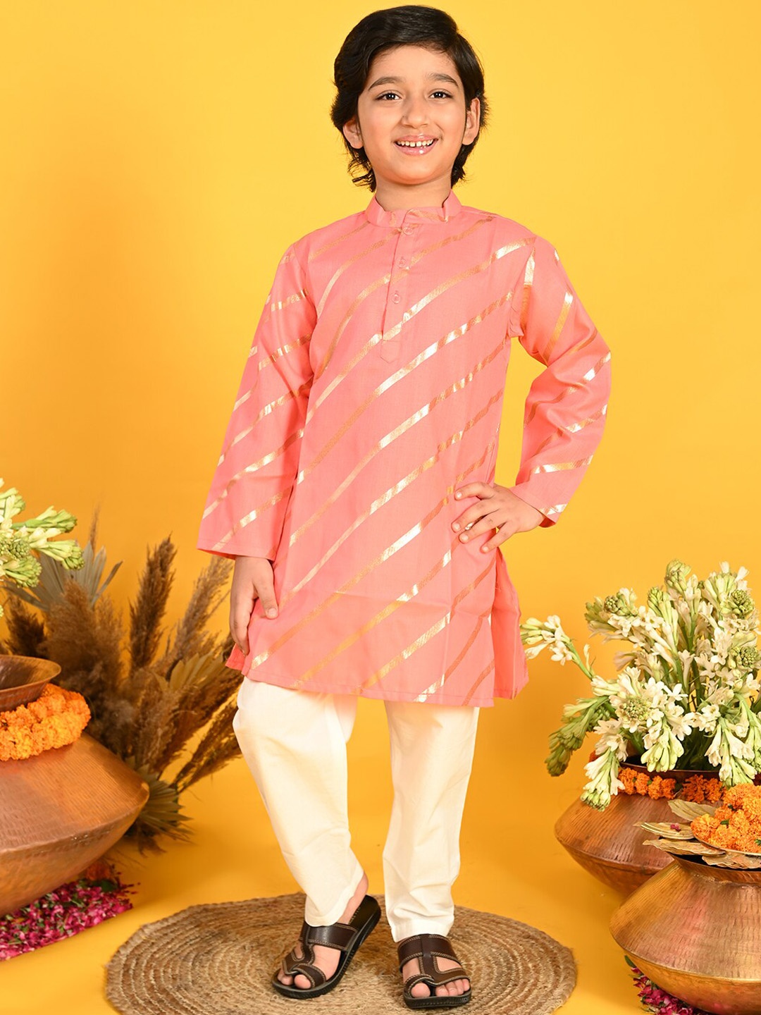 

SAKA DESIGNS Boys Striped Printed Regular Kurta With Pyjamas, Peach