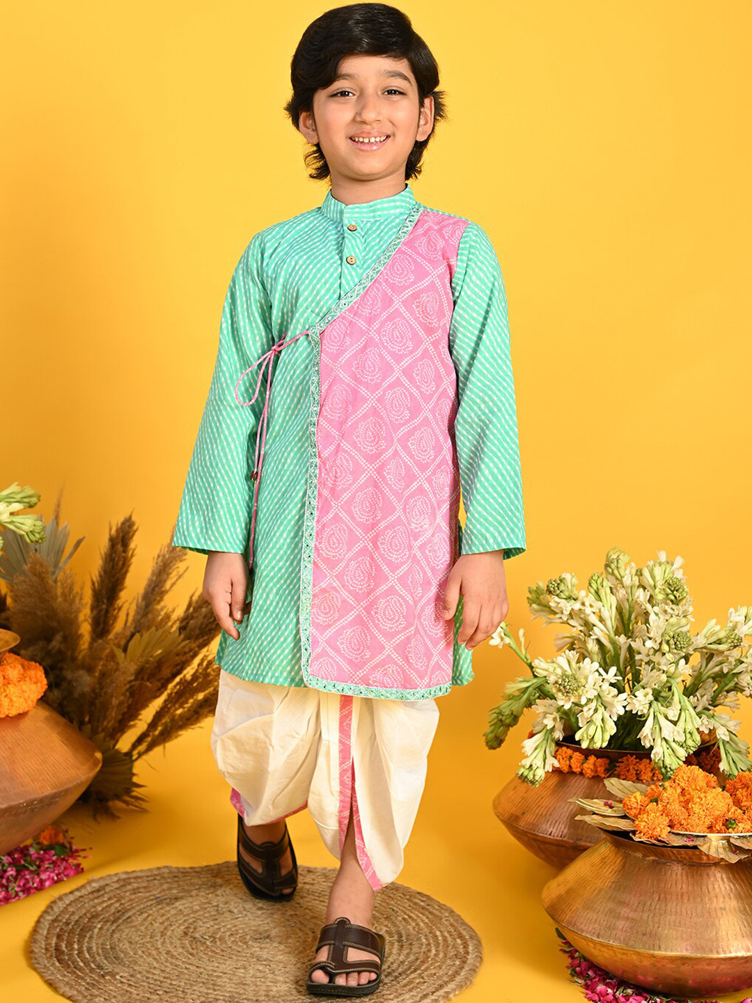 

SAKA DESIGNS Boys Bandhani Printed Mirror Work Angrakha Pure Cotton Kurta & Dhoti Pants, Blue