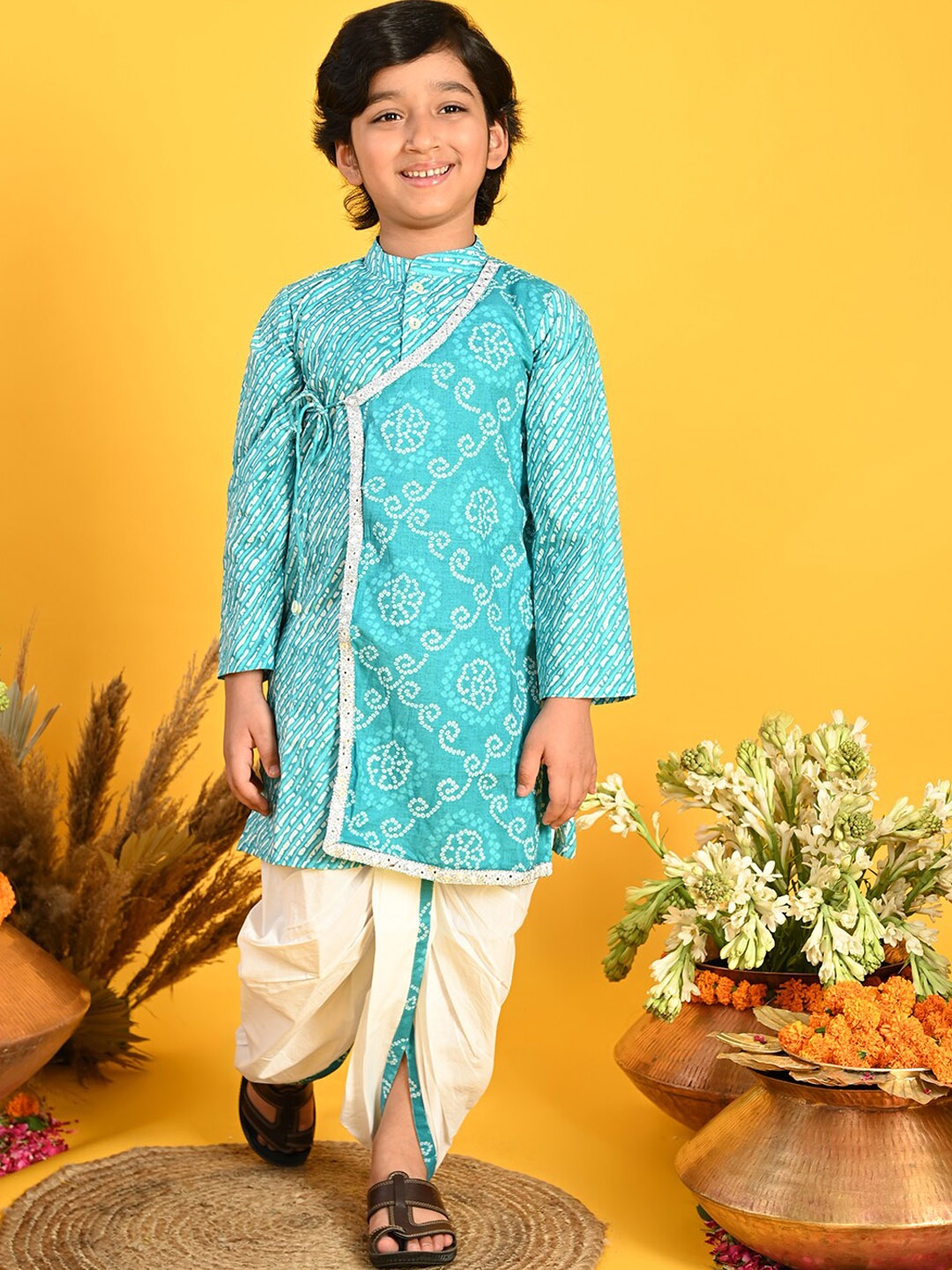 

SAKA DESIGNS Boys Bandhani Printed Angrakha Pure Cotton Kurta with Dhoti Pants, Blue