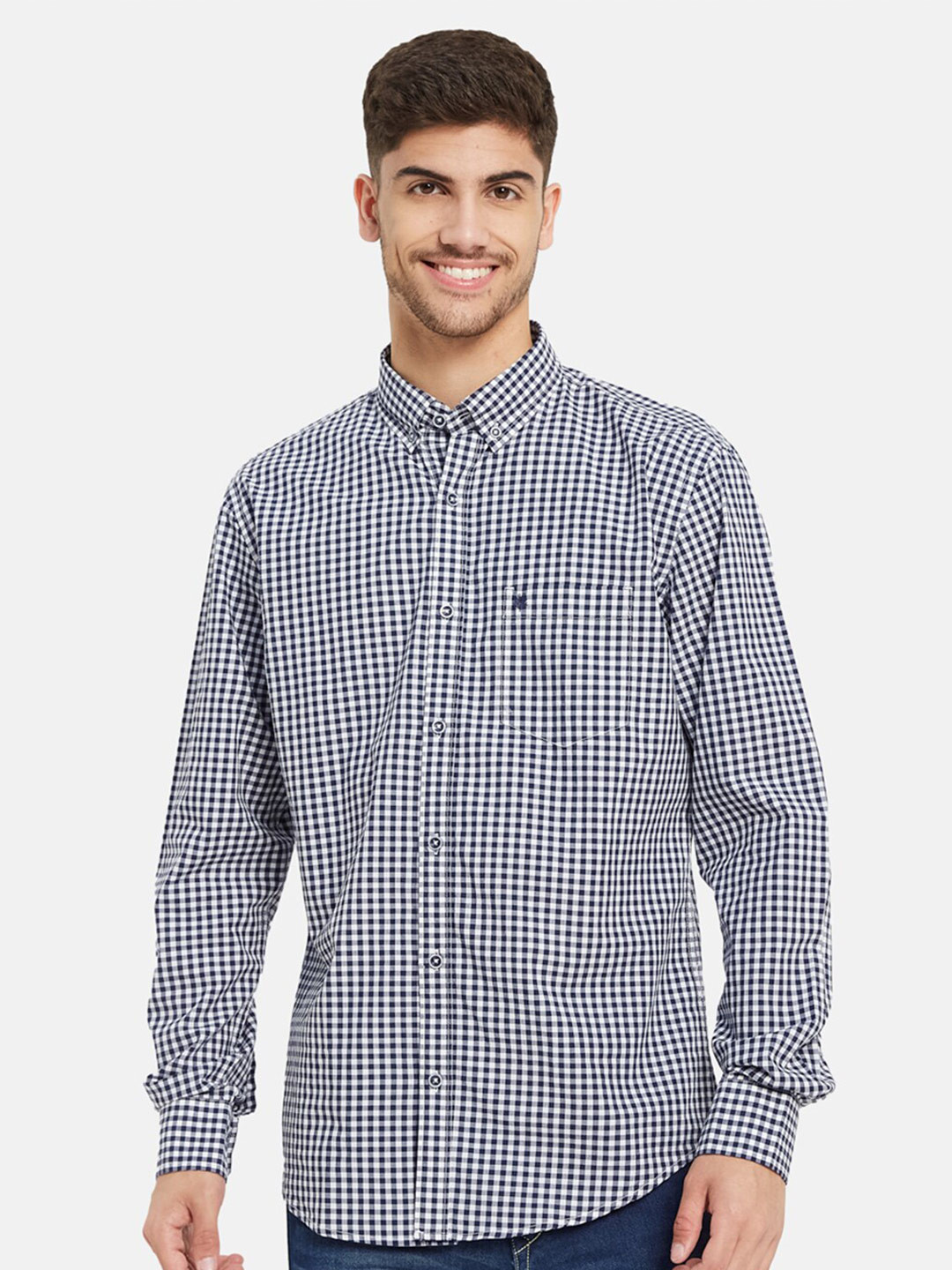 

METTLE Gingham Checked Cotton Casual Shirt, Navy blue