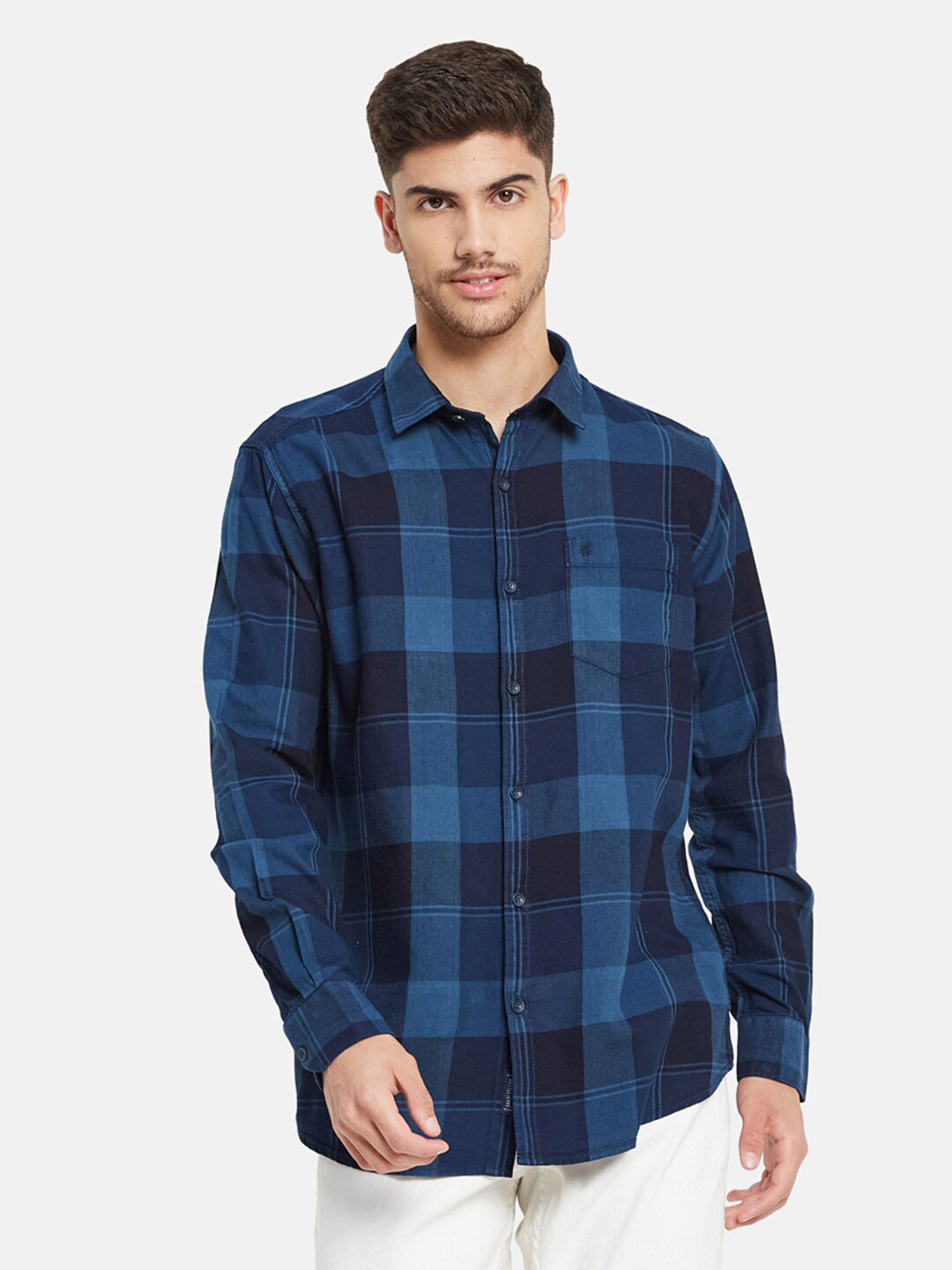

METTLE Checked Cotton Casual Shirt, Navy blue