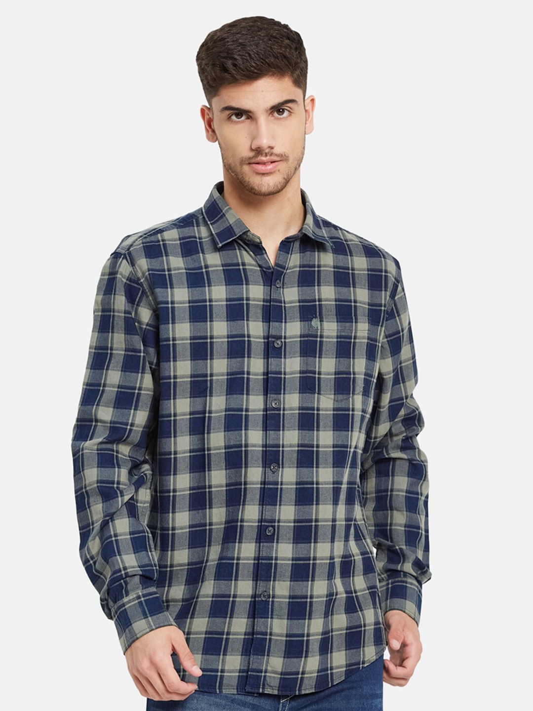 

METTLE Tartan Checked Cotton Casual Shirt, Navy blue