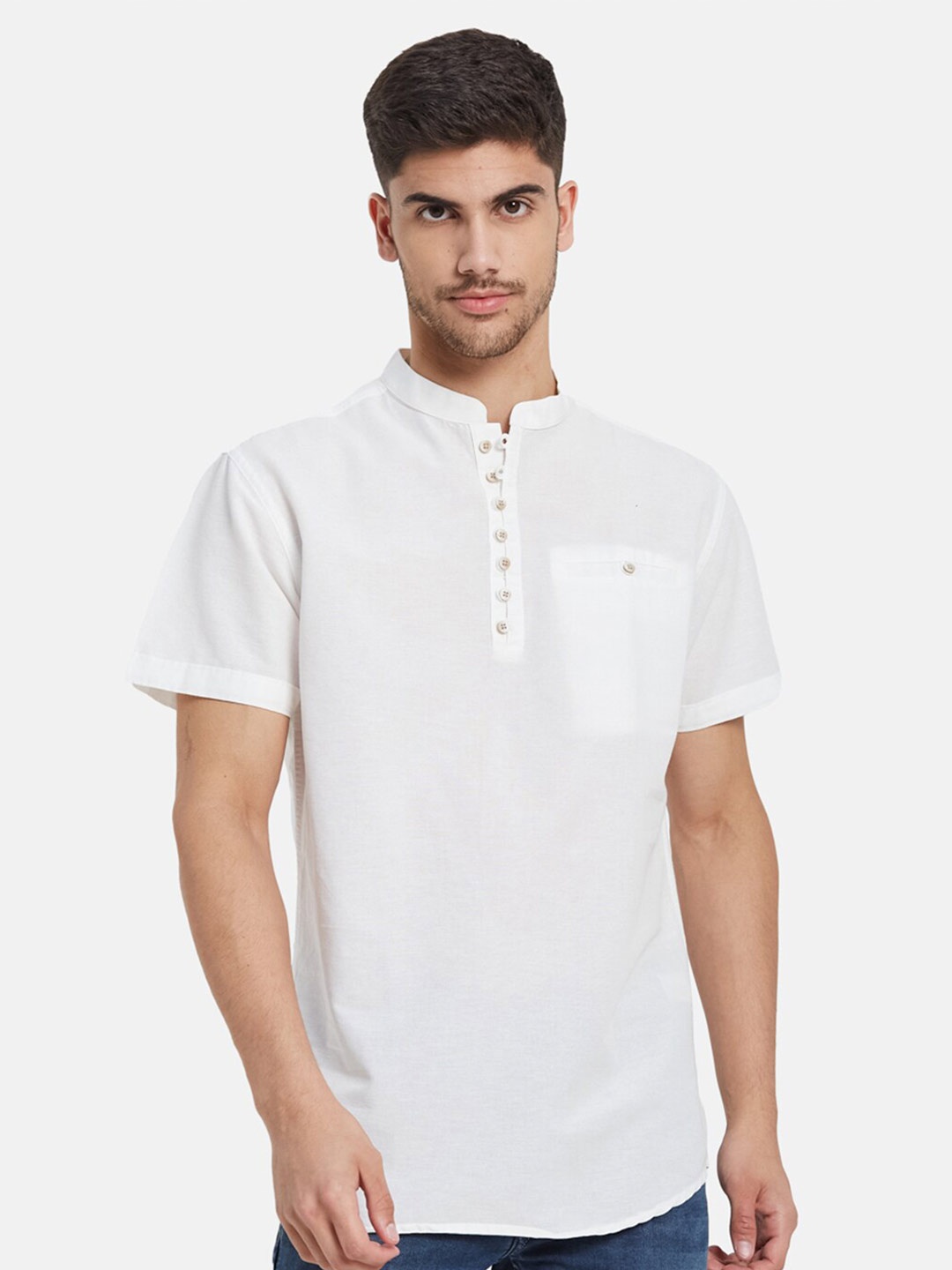 

METTLE Mandarin Collar Cotton Casual Shirt, White