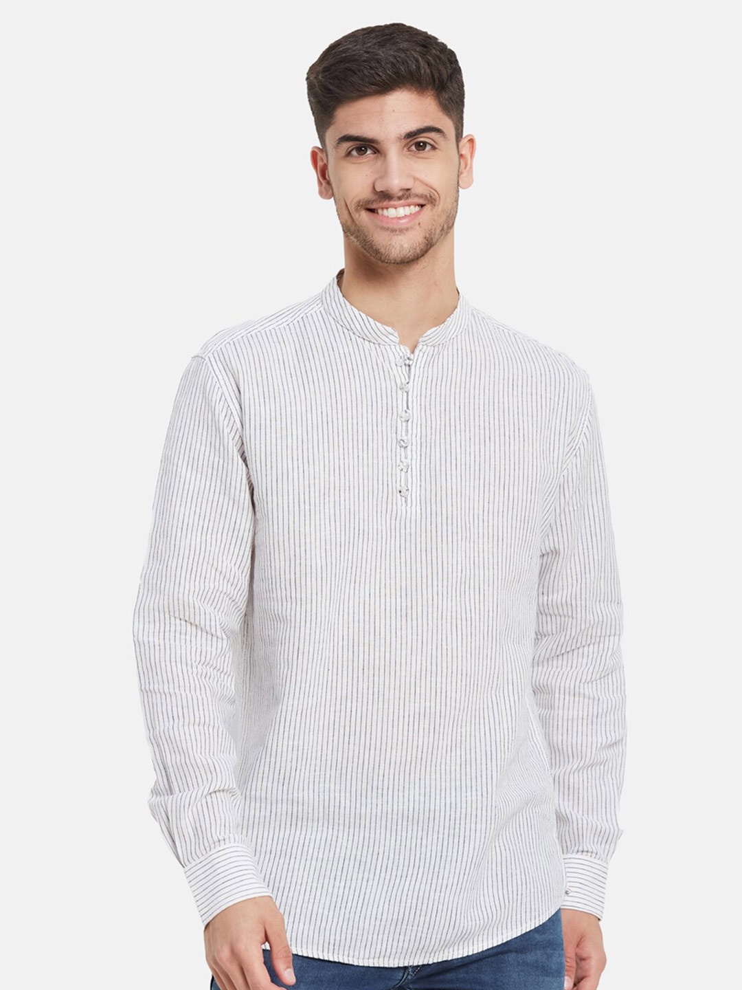 

METTLE Vertical Striped Cotton Casual Kurtha, White