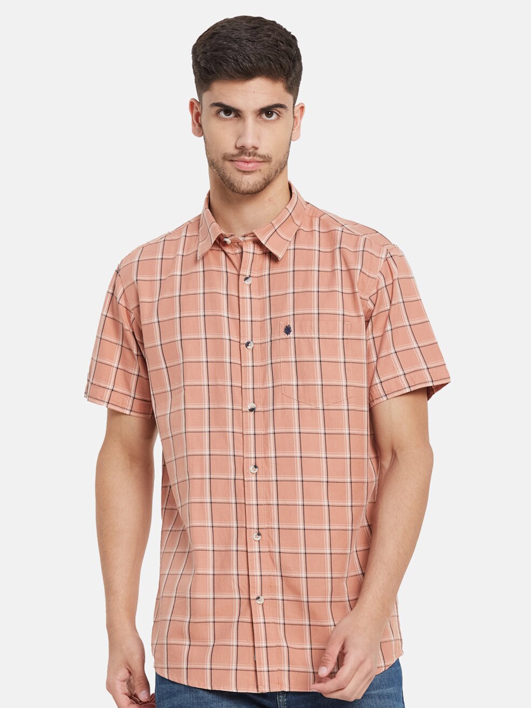

METTLE Windowpane Checked Casual Cotton Shirt, Coral