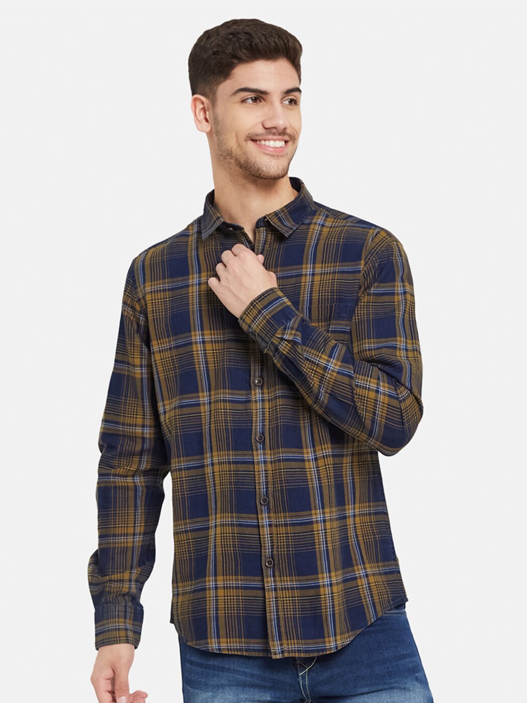 

METTLE Tartan Checked Cotton Casual Shirt, Yellow