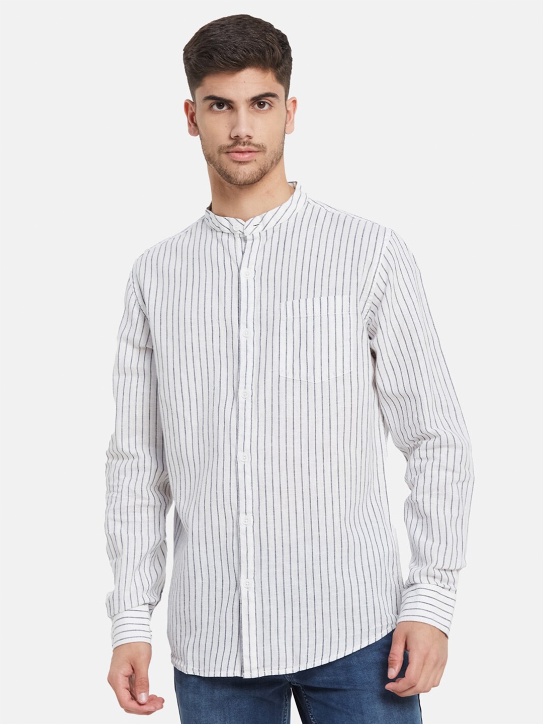 

METTLE Mandarin Collar Striped Casual Cotton Shirt, White