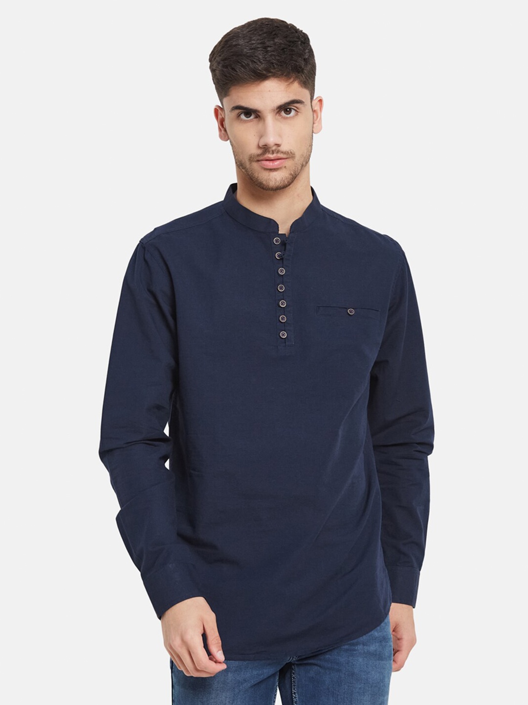 

METTLE Mandarin Collar Cotton Casual Shirt, Navy blue