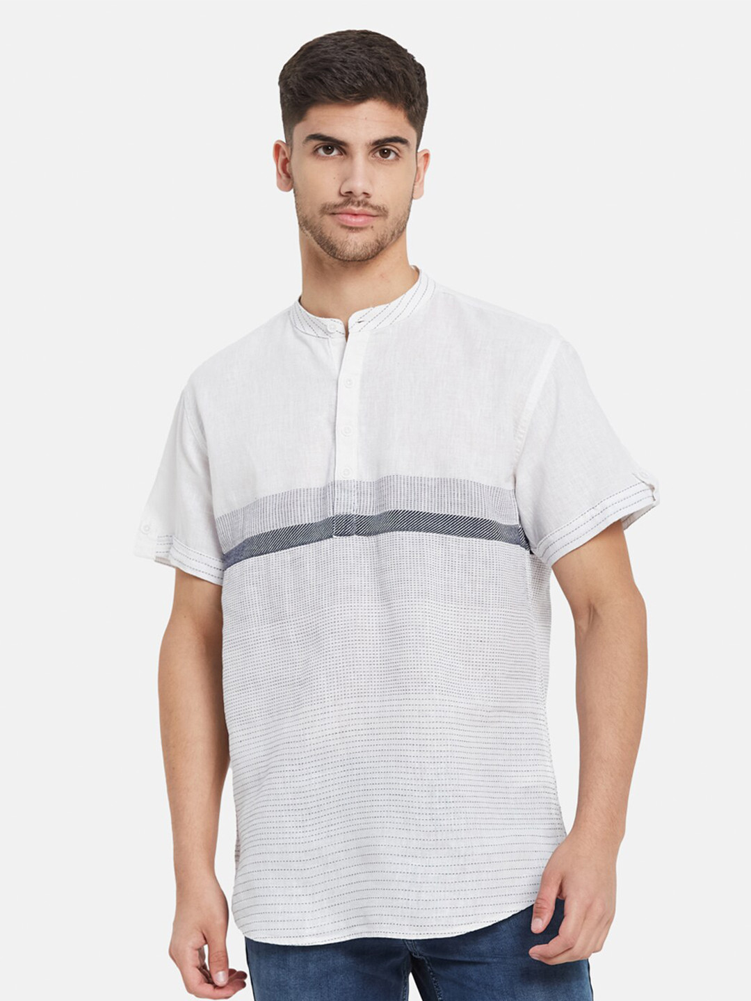 

METTLE Horizontal Striped Cotton Casual Shirt, White