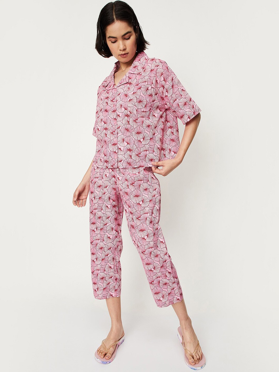 

max Floral Printed Pure Cotton Night Suit, Pink