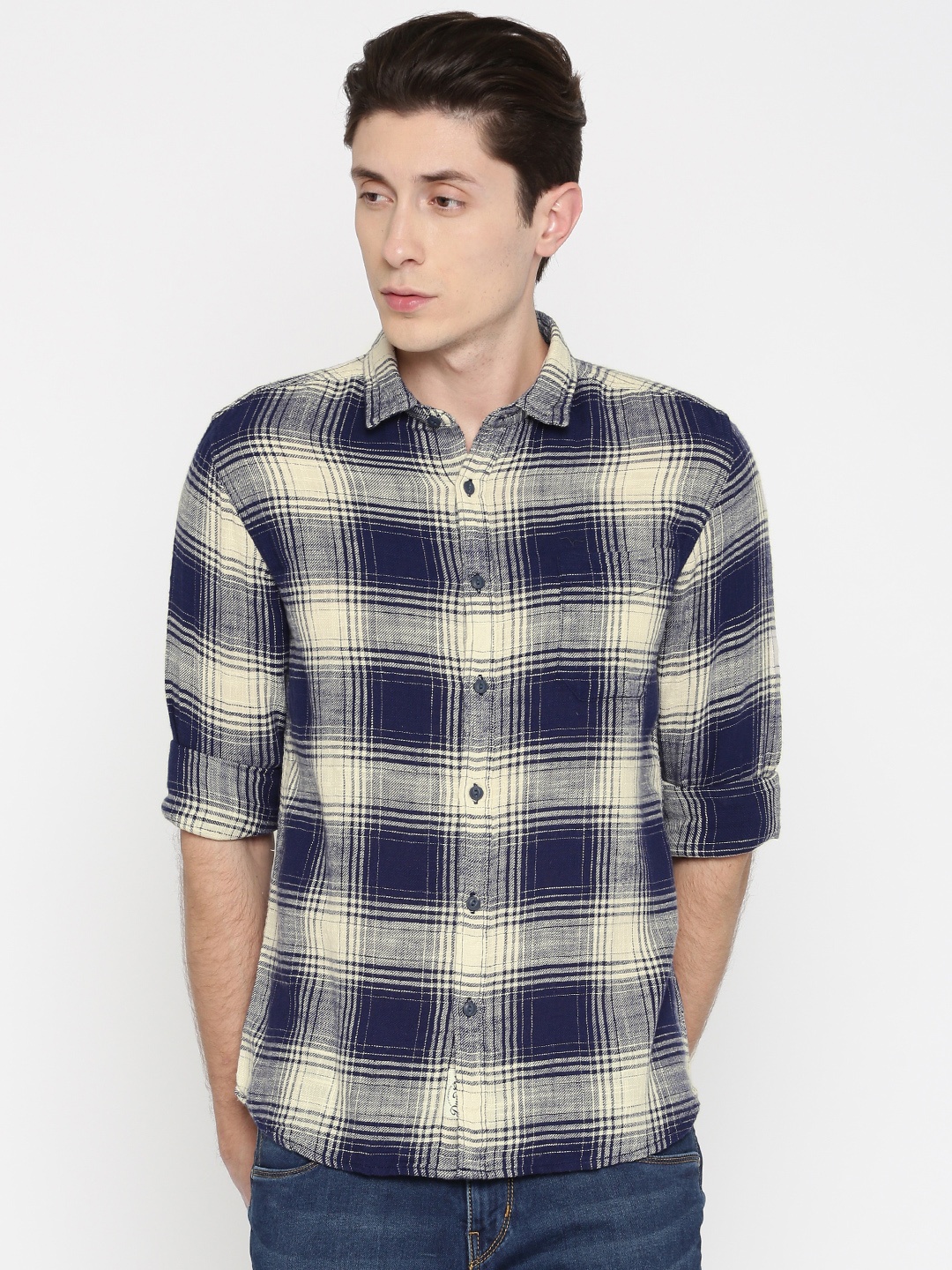 

Flying Machine Men Navy Blue & Off-White Slim Fit Checked Casual Shirt