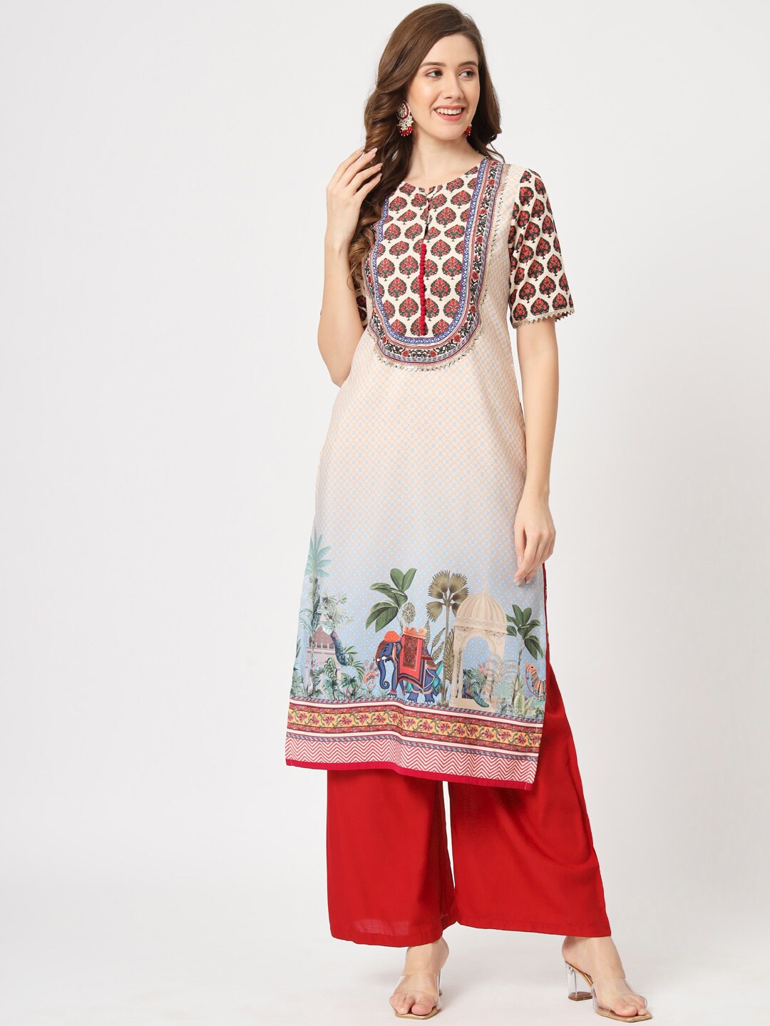 

Pannkh Floral Printed Gotta Patti Kurta, Beige