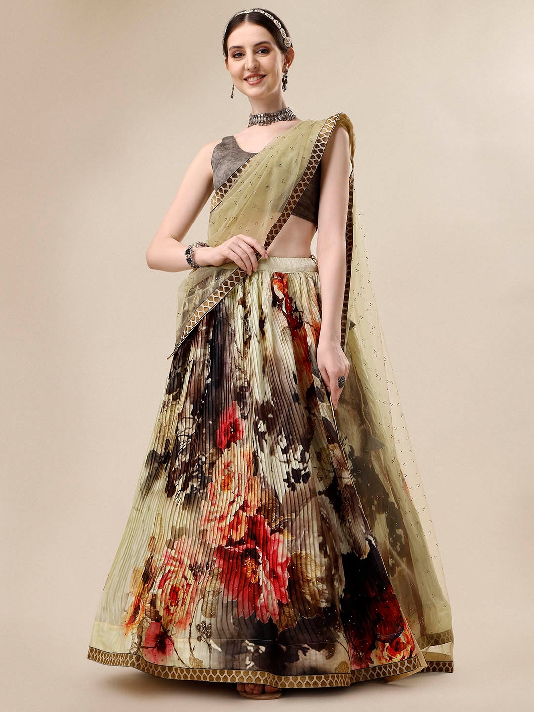 

SAPTRANGI Printed Ready to Wear Silk Lehenga & Blouse With Dupatta, Grey
