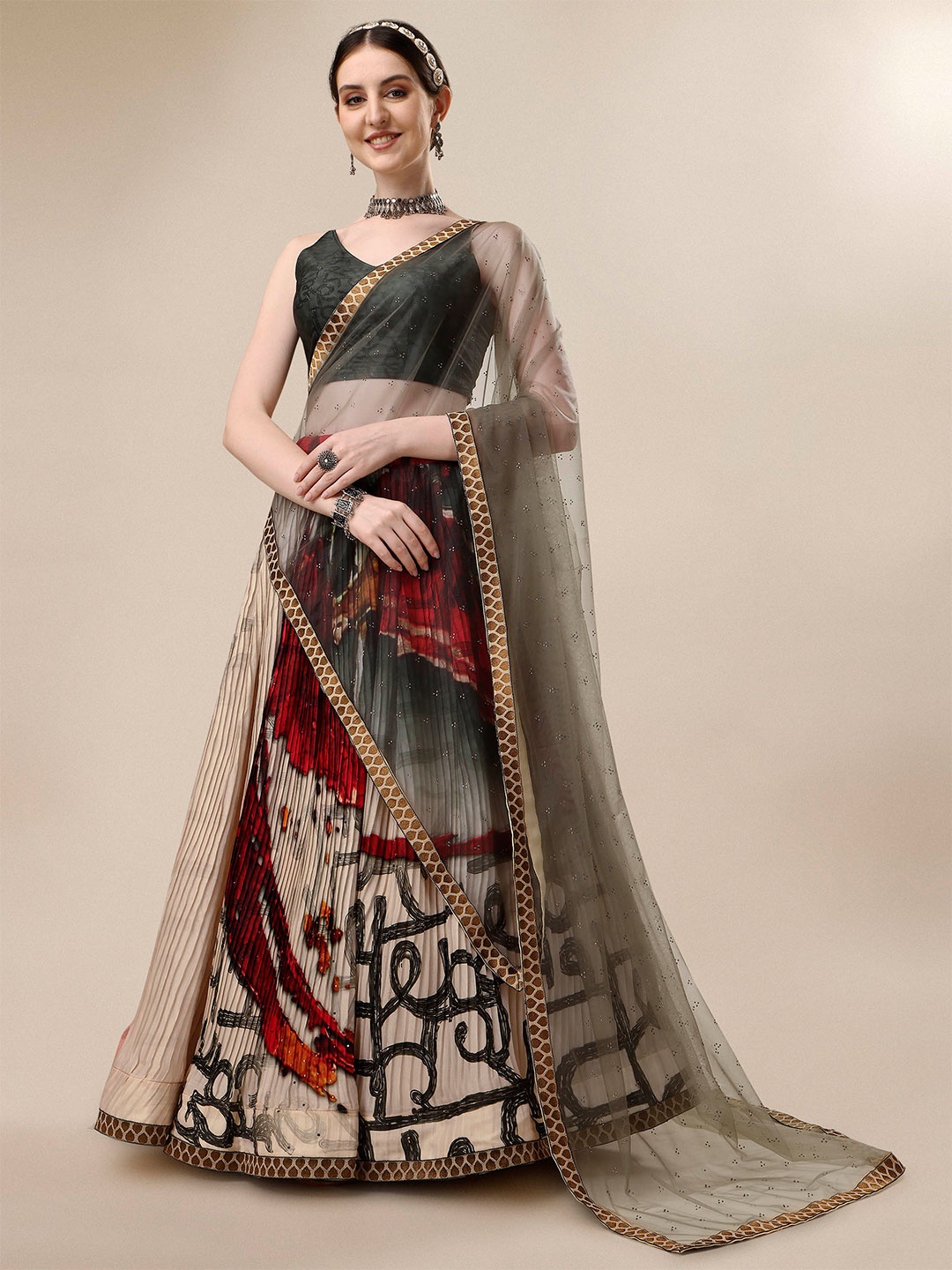 

SAPTRANGI Printed Ready to Wear Silk Lehenga & Blouse With Dupatta, Brown