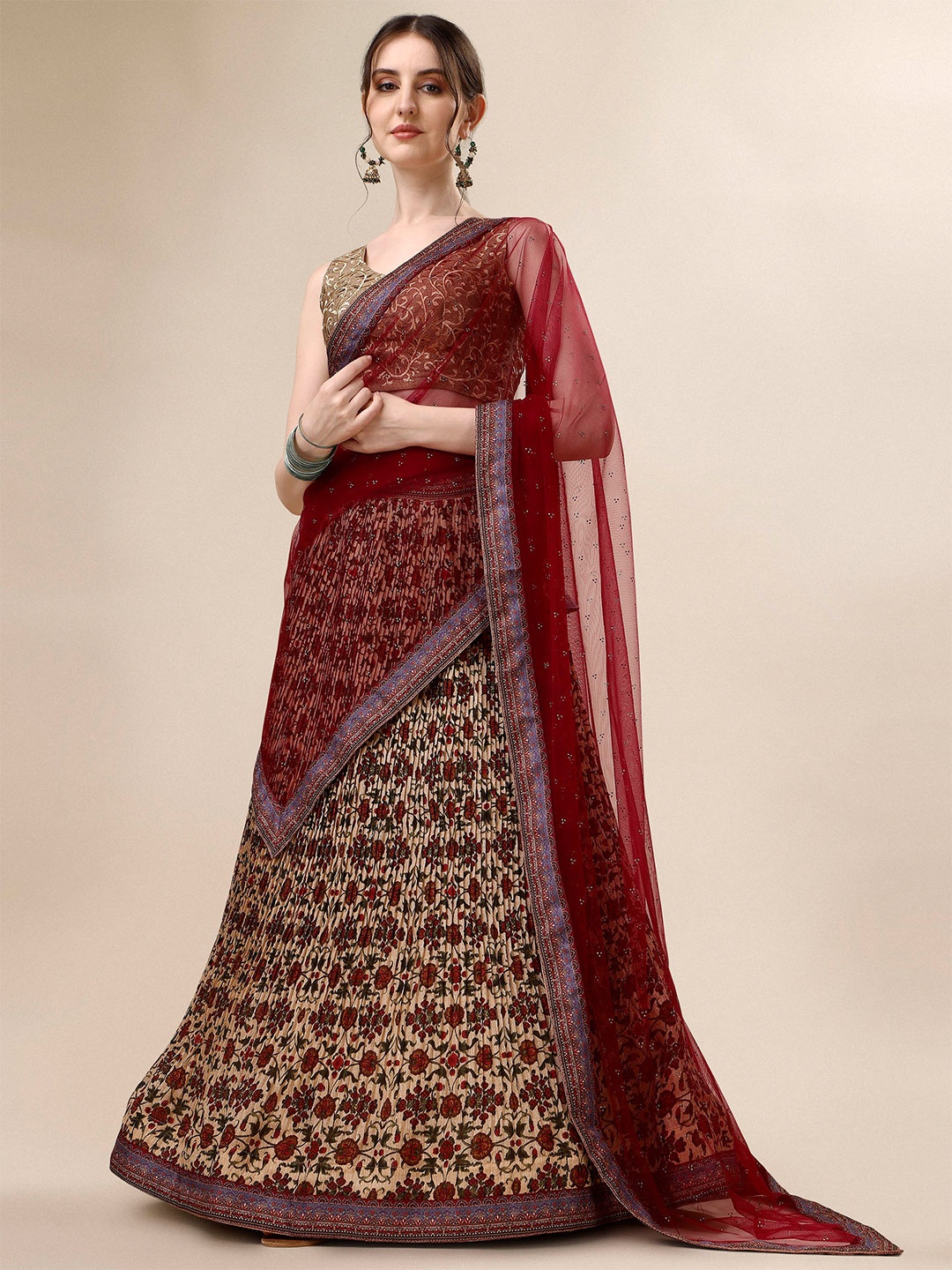 

SAPTRANGI Floral Printed Ready to Wear Lehenga & Blouse With Dupatta, Red