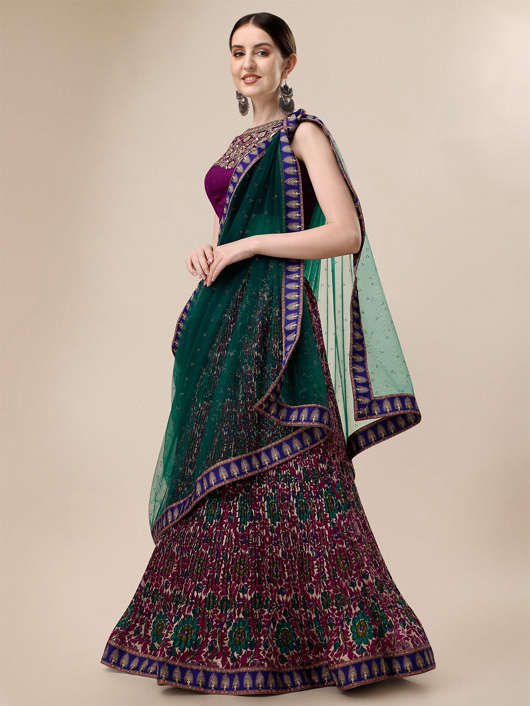 

SAPTRANGI Floral Printed Ready to Wear Lehenga & Blouse With Dupatta, Green