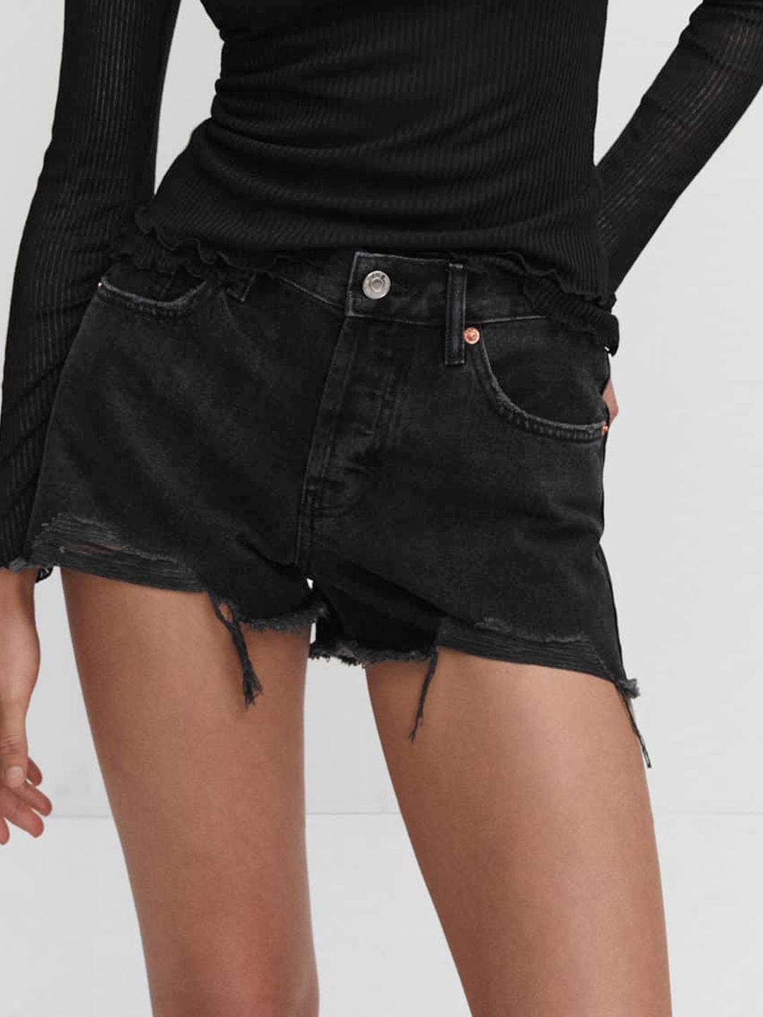 

MANGO Women Pure Cotton Denim Shorts, Black