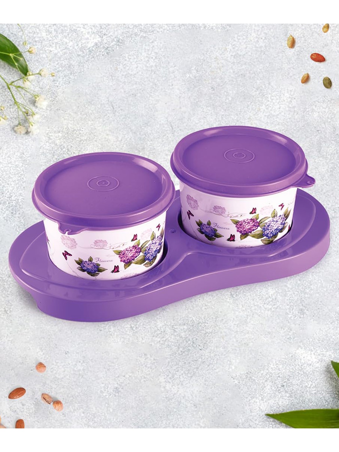 

SOPL-OLIVEWARE 3 Pcs White & Purple Floral Printed Containers With Tray