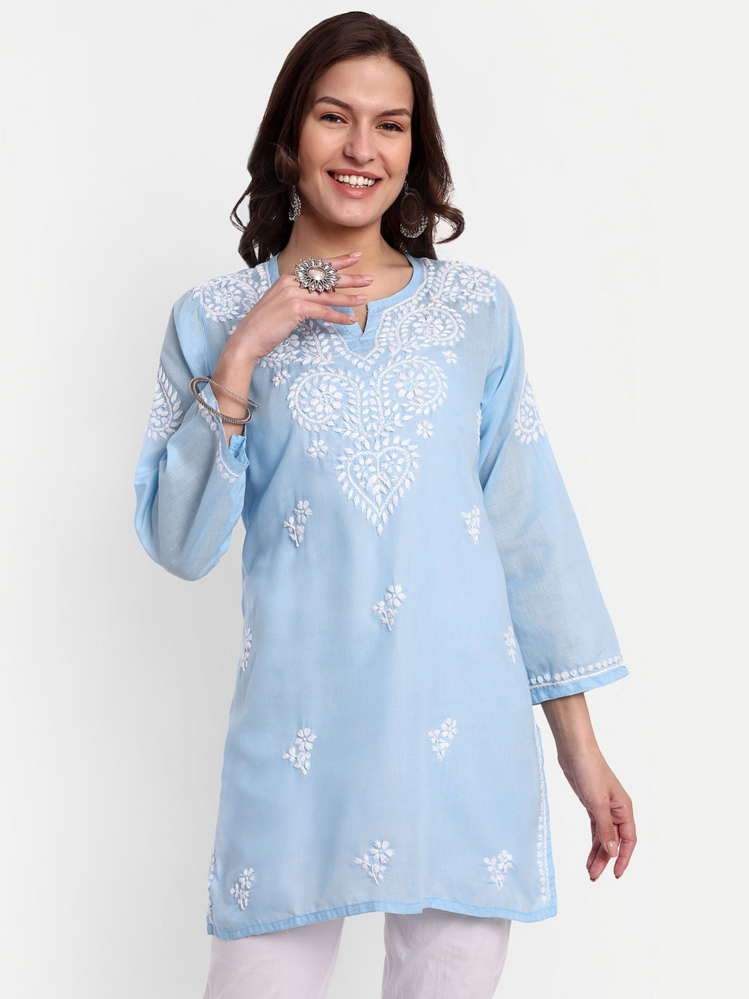 

ADA Ethnic Motifs Embroidered Chikankari Kurti, Blue