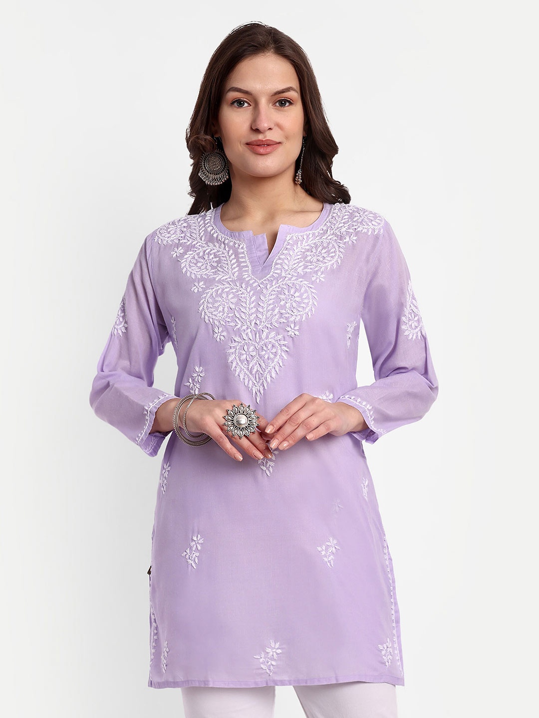 

ADA Ethnic Motifs Embroidered Chikankari Pure Cotton Kurti, Mauve