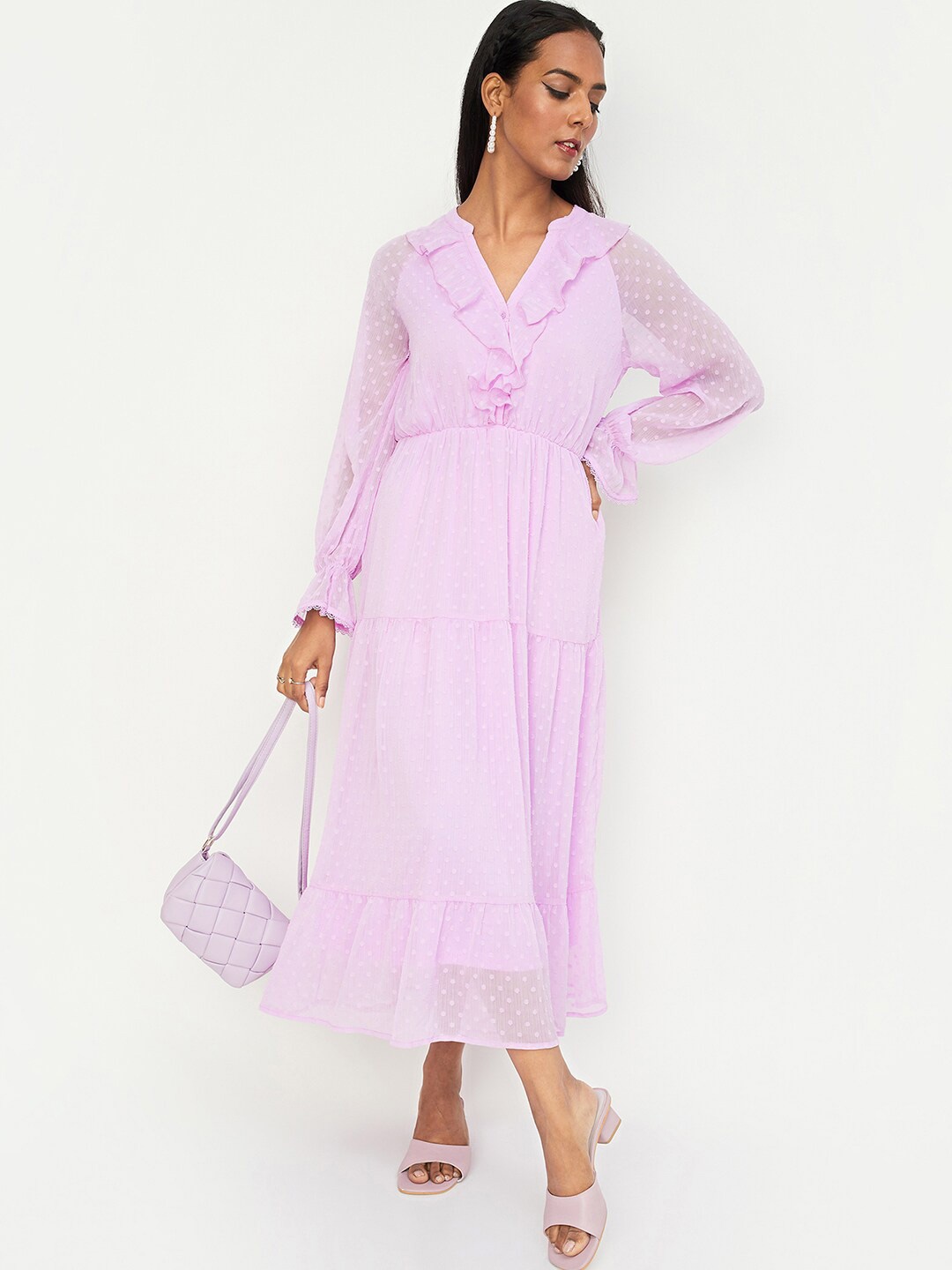 

max Purple Puff Sleeve Ruffled Tiered Maxi Midi Dress, Lavender