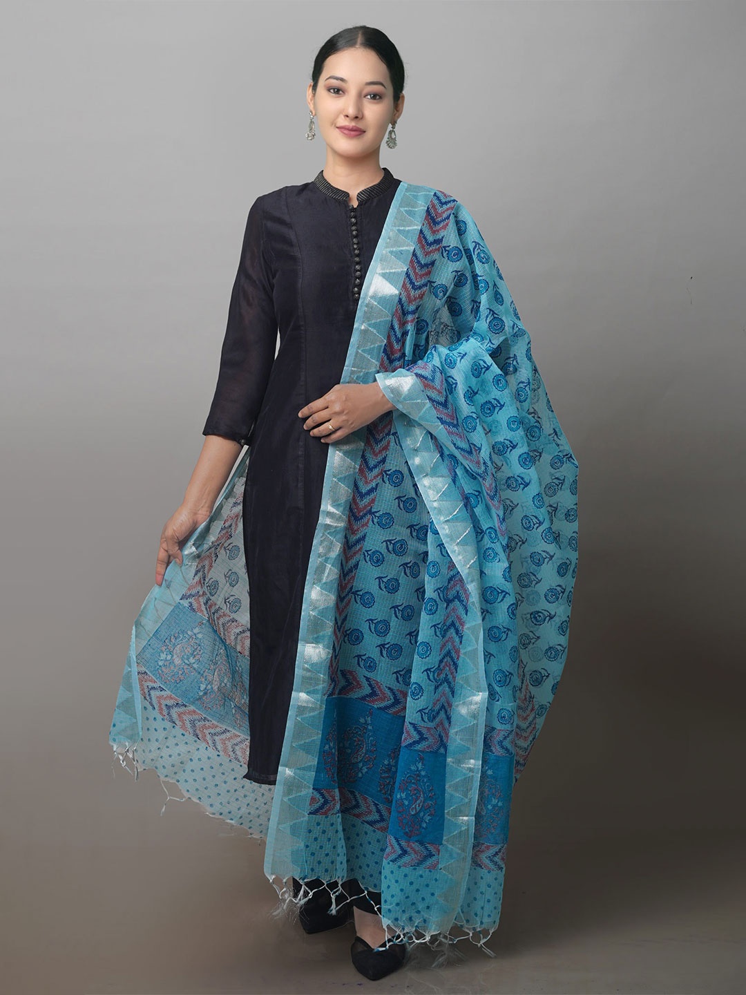 

Unnati Silks Ethnic Motifs Printed Pure Cotton Block Print Dupatta, Blue