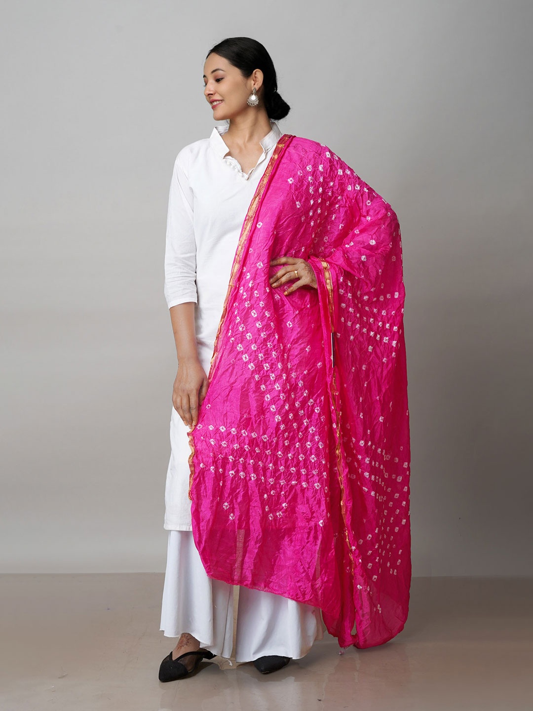 

Unnati Silks Printed Zari Bandhani Pure Cotton Dupatta, Pink