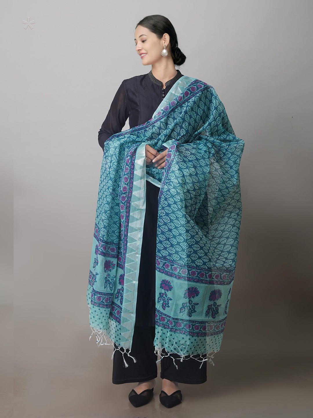 

Unnati Silks Ethnic Motifs Printed Pure Cotton Block Print Dupatta With Zari, Blue