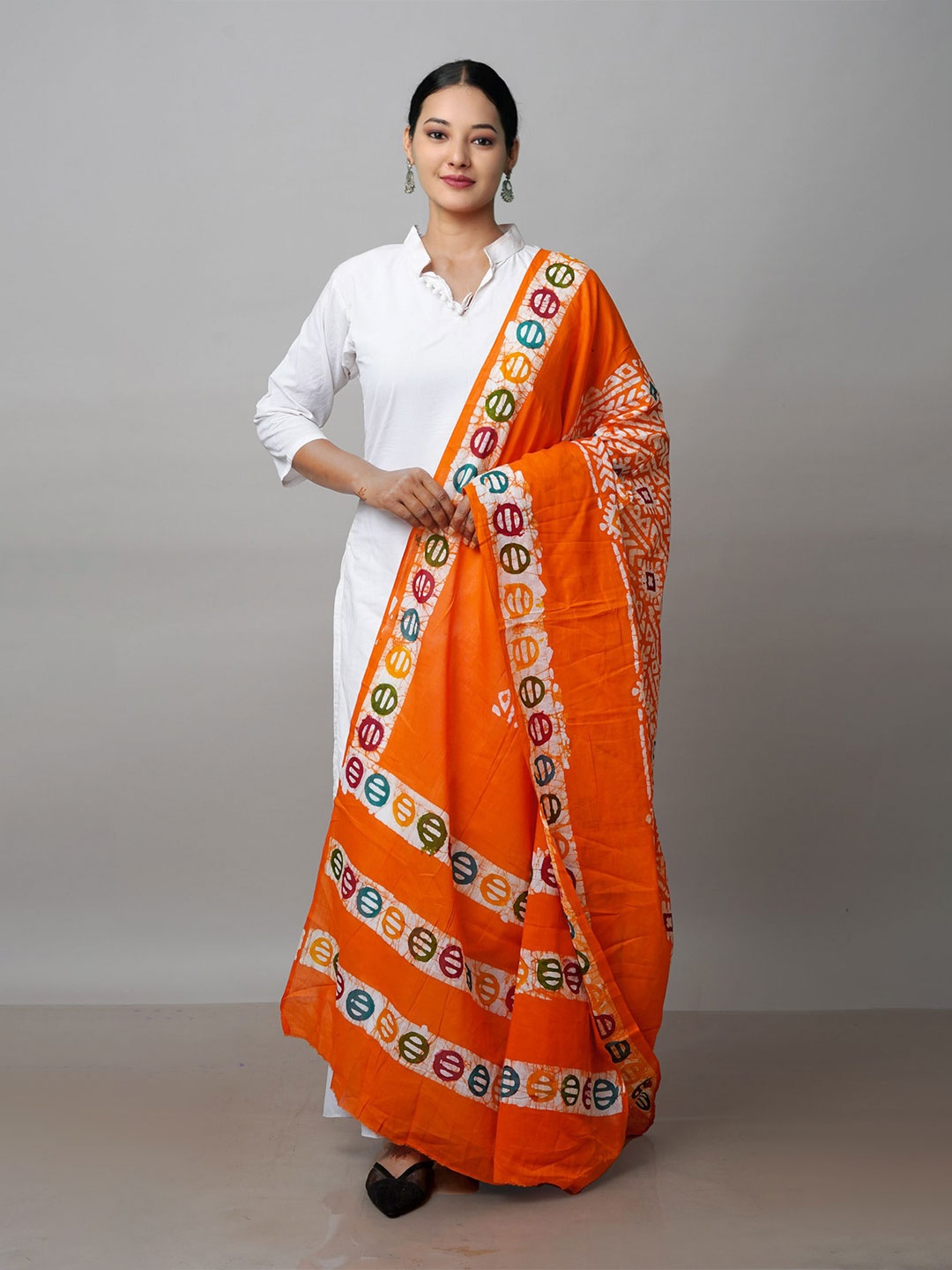 

Unnati Silks Ethnic Motifs Printed Pure Cotton Batik Dupatta, Orange