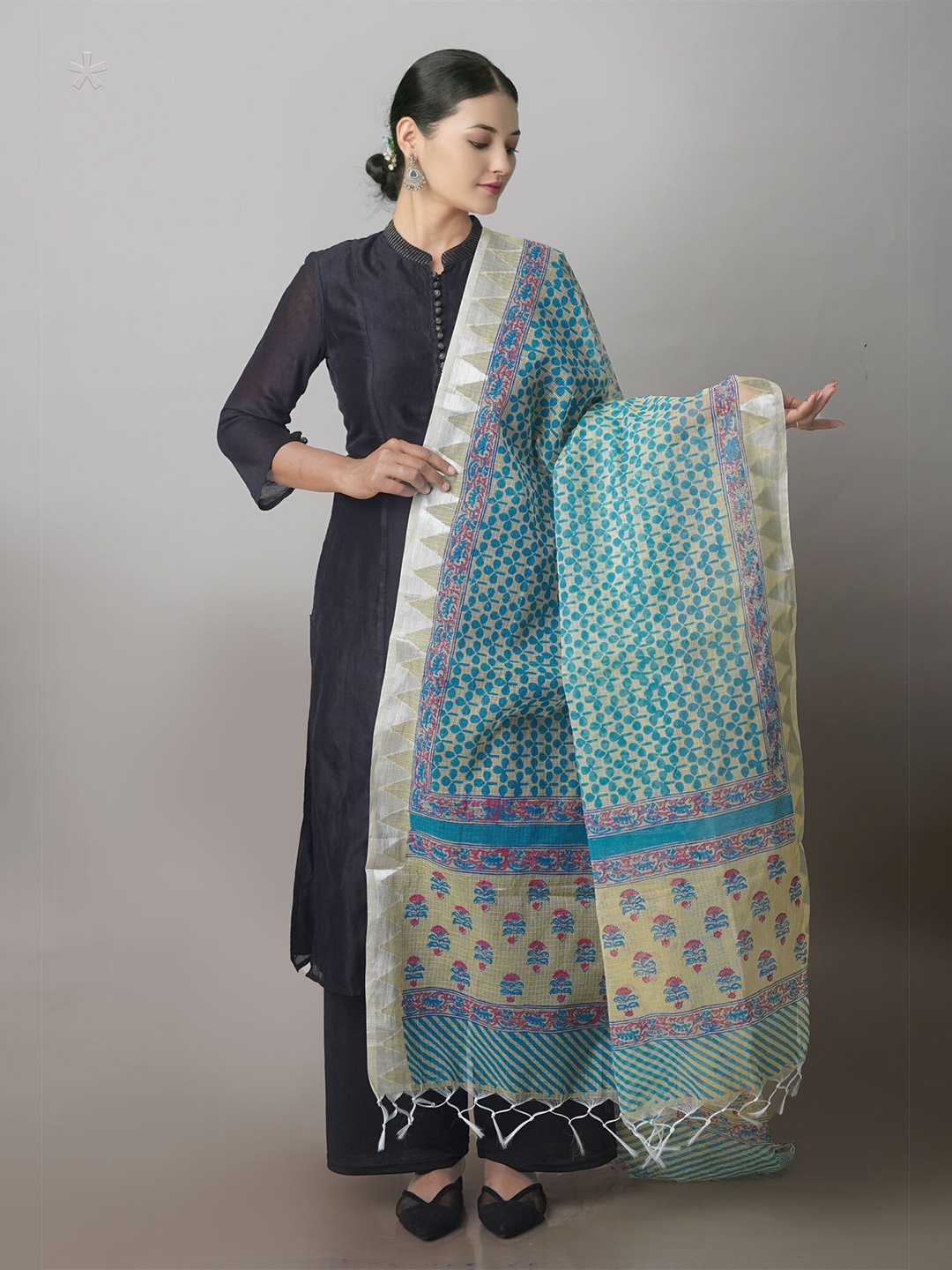 

Unnati Silks Ethnic Motifs Printed Pure Cotton Block Print Dupatta, Blue
