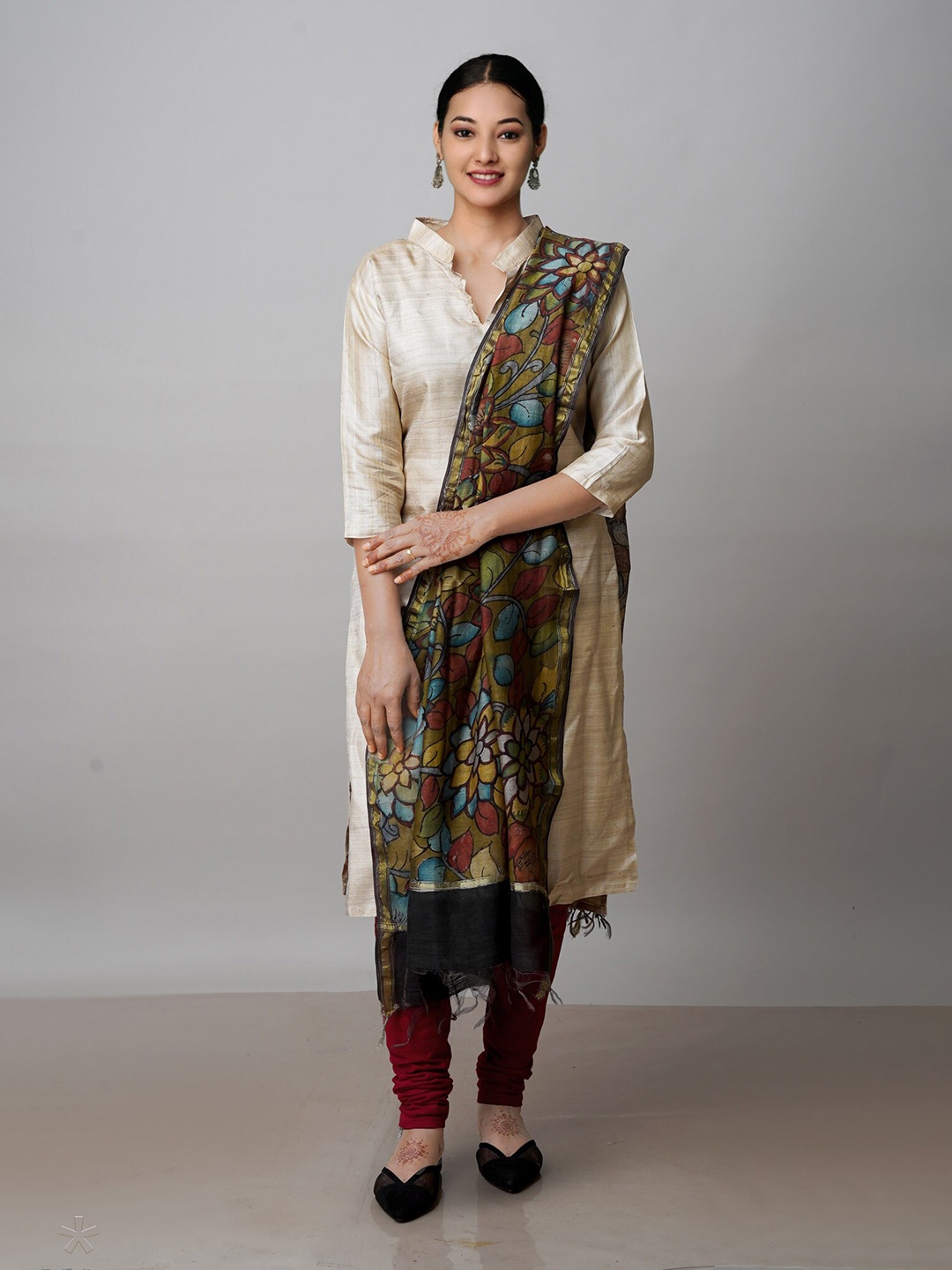 

Unnati Silks Ethnic Motifs Printed Zari Cotton Silk Kalamkari Dupatta, Green