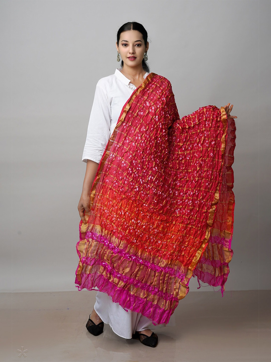 

Unnati Silks Printed Pure Cotton Bandhani Dupatta With Zari, Red