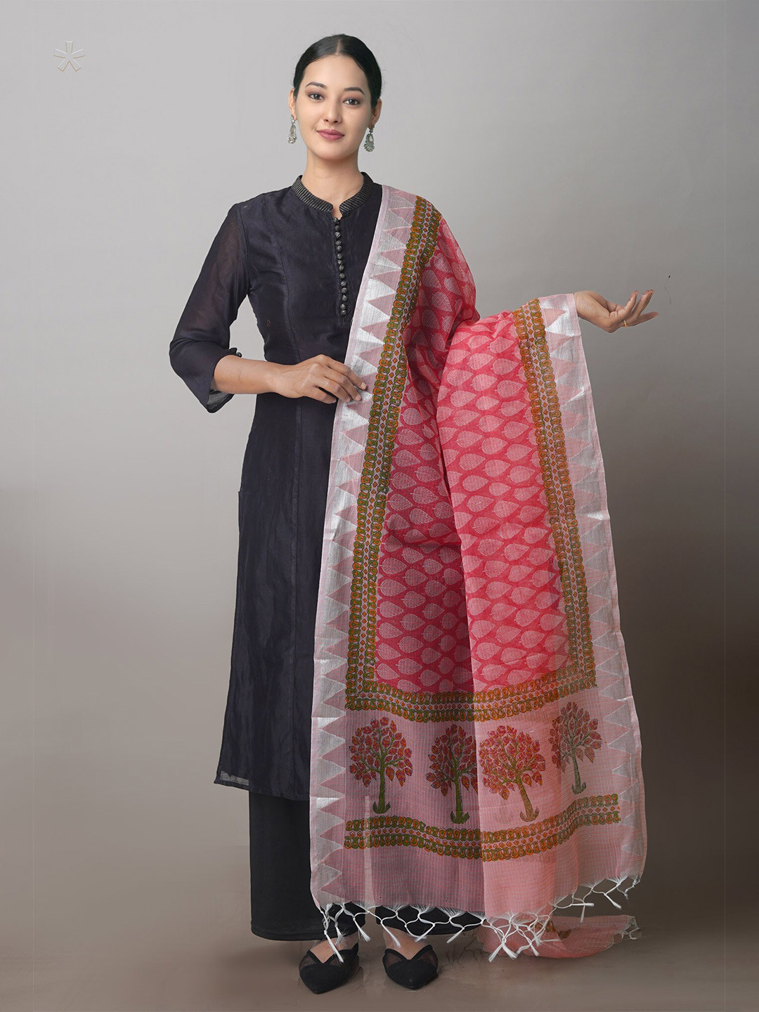 

Unnati Silks Ethnic Motifs Printed Pure Cotton Block Print Dupatta With Zari, Red