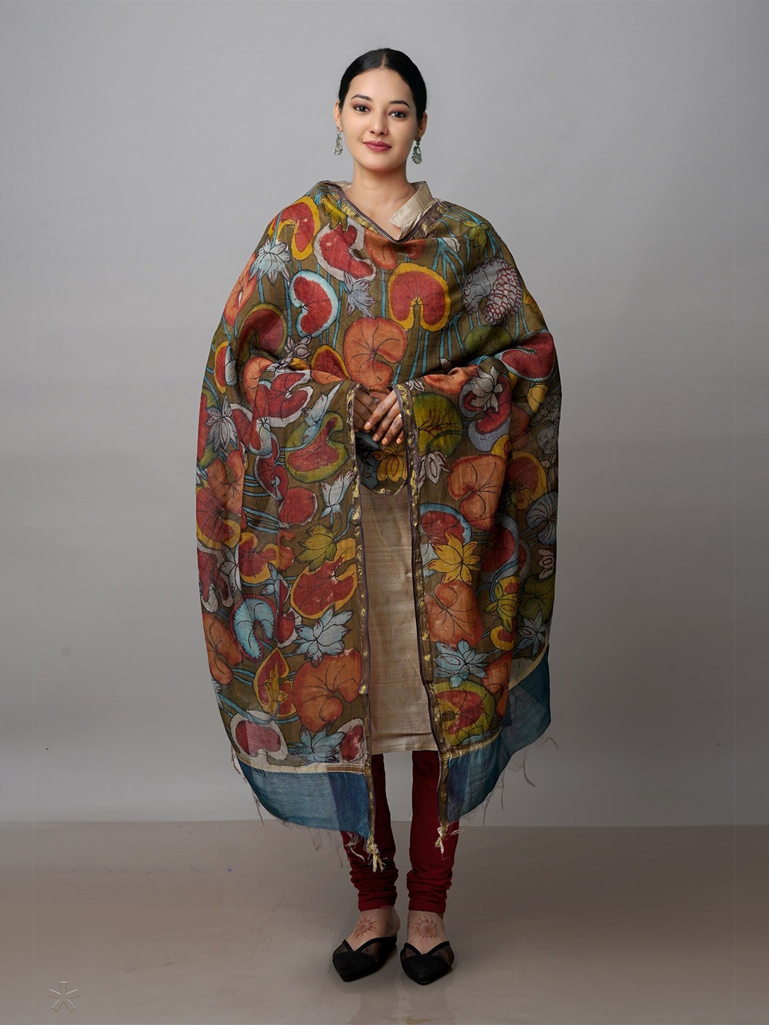 

Unnati Silks Ethnic Motifs Printed Cotton Silk Kalamkari Dupatta with Zari, Green