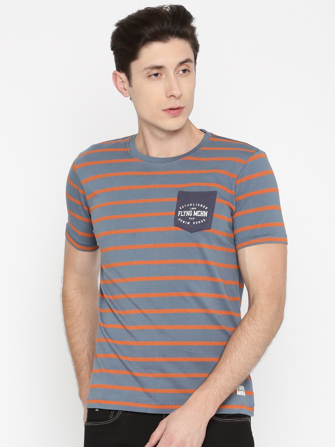 

Flying Machine Men Grey Orange Slim Fit Striped Round Neck Pure Cotton T-shirt