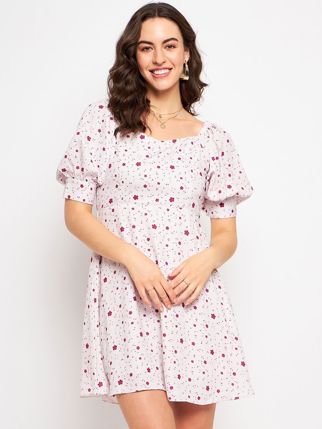 

CAMLA Floral Printed Sweetheart Neck Puff Sleeves A-Line Dress, Pink