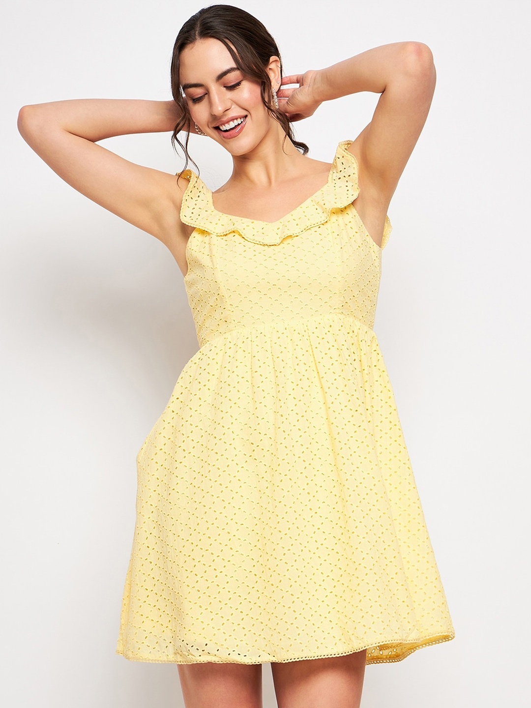 

CAMLA Self Design Sweetheart Neck A-Line Mini Dress, Yellow