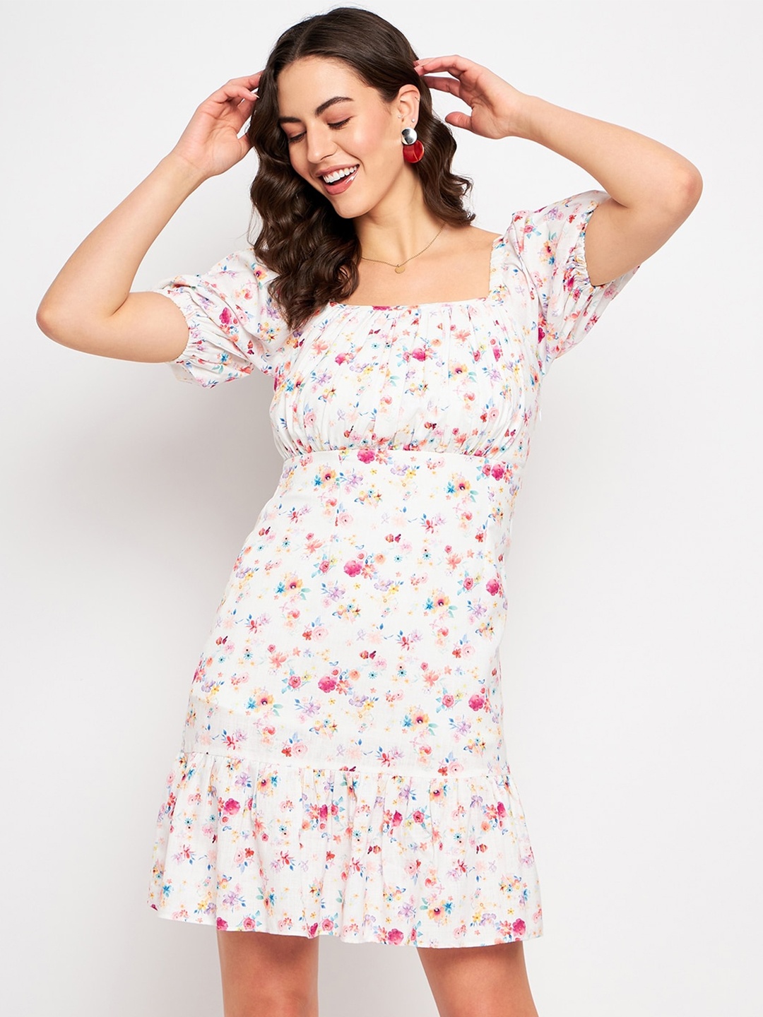 

CAMLA Floral Printed Puff Sleeve Fit & Flare Dress, White