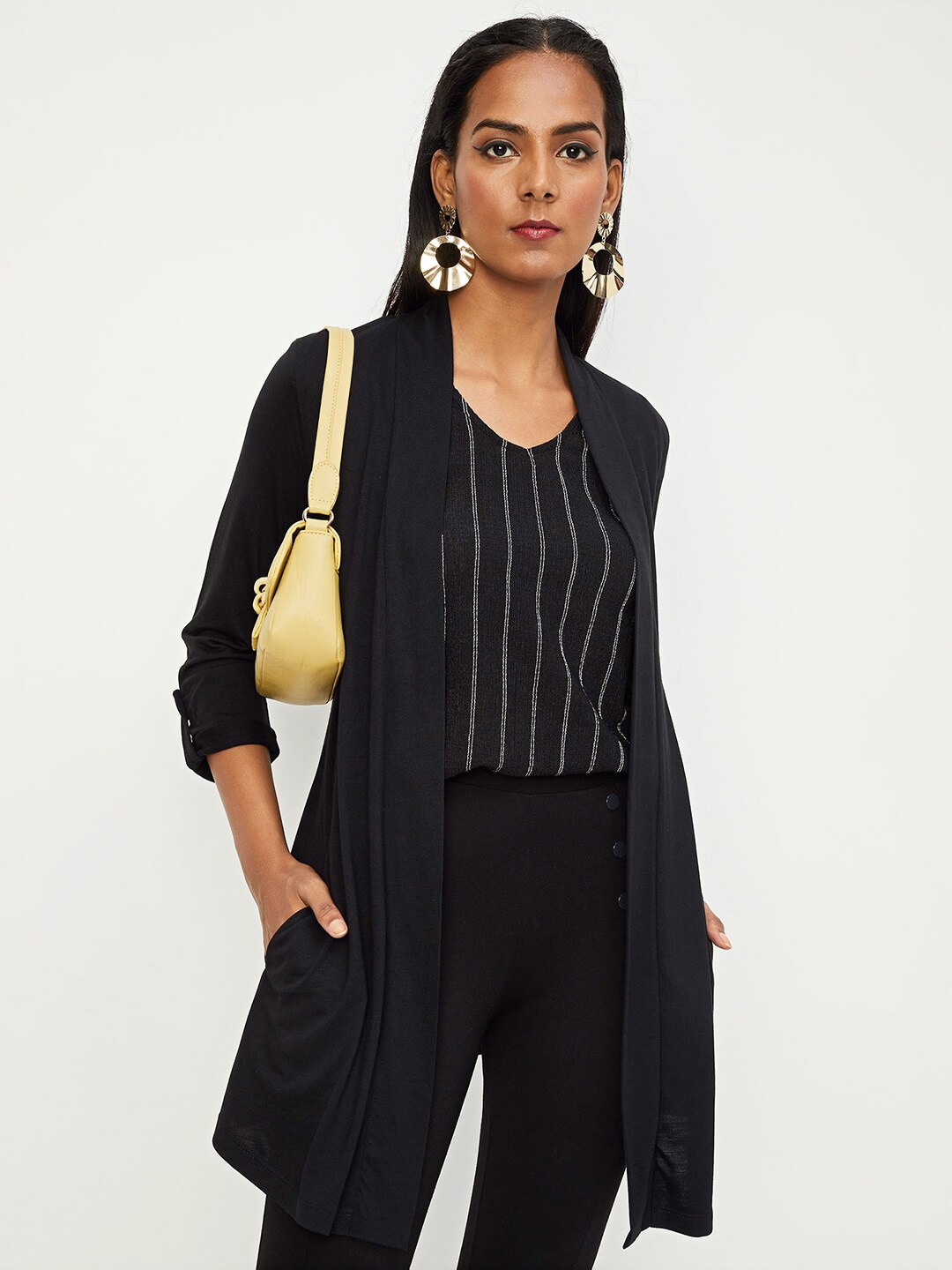 

max Roll-Up Sleeves Open Front Longline Shrug, Black