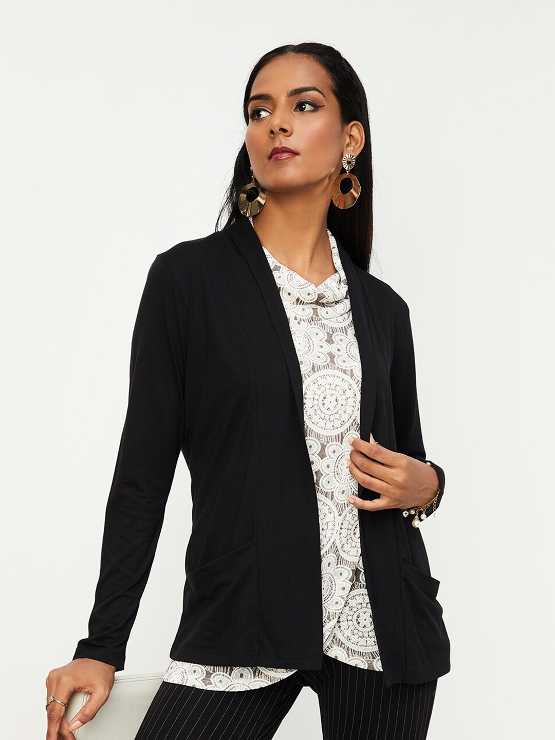 

max Shawl Collar Open Front Shrug, Black
