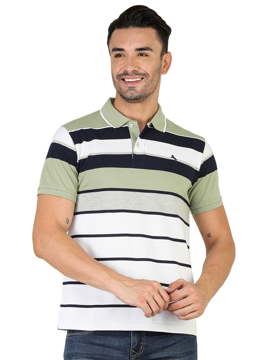 

TQS Striped Polo Collar Slim Fit Opaque Cotton T-shirt, White