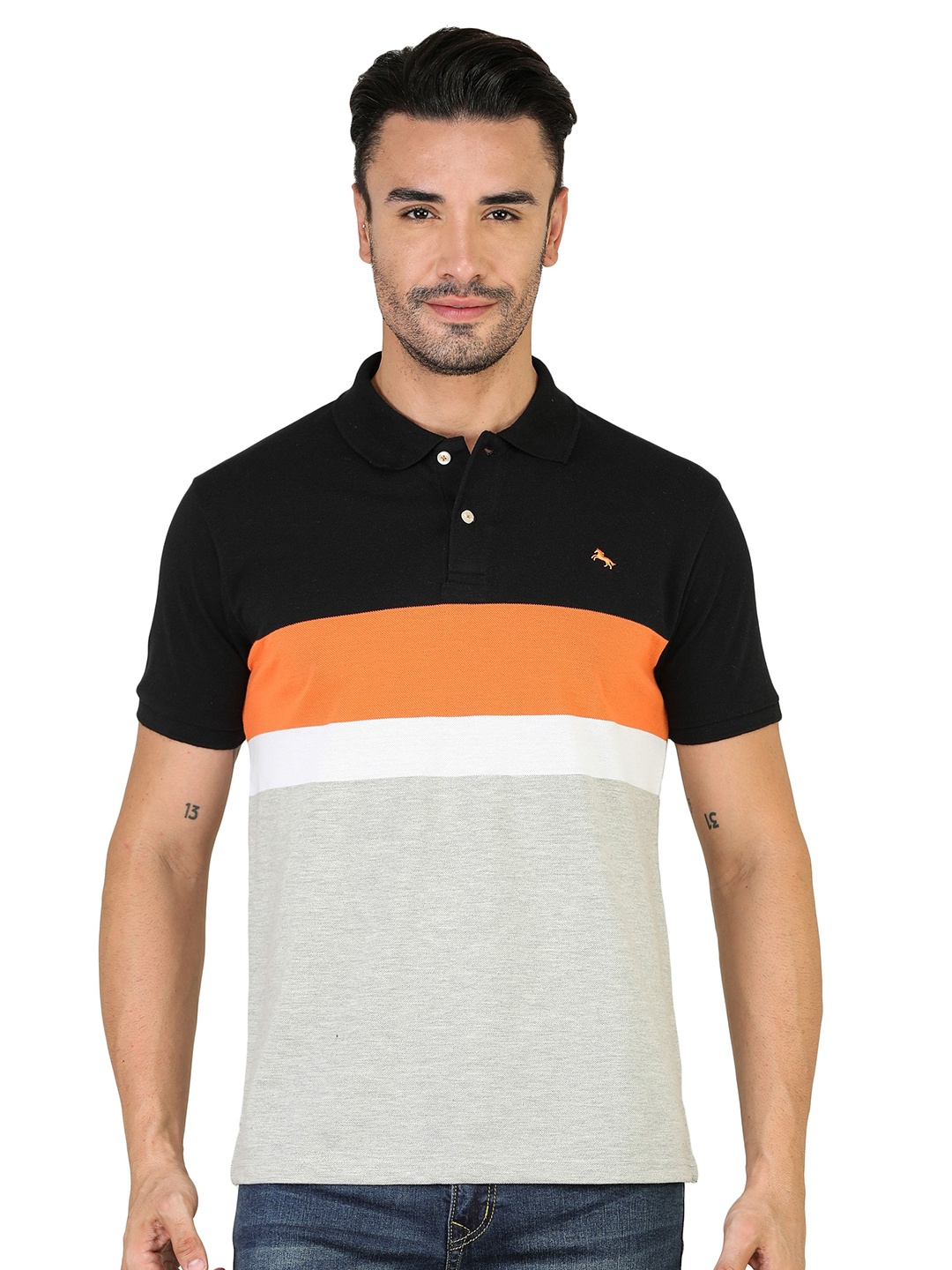 

TQS Colourblocked Slim Fit Opaque Polo Collar Cotton T-shirt, Black