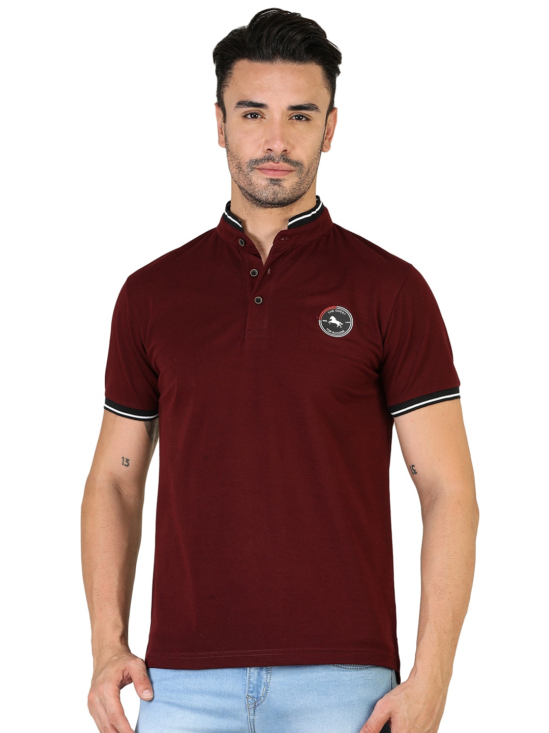 

TQS Mandarin Collar Cotton Slim Fit T-shirt, Maroon
