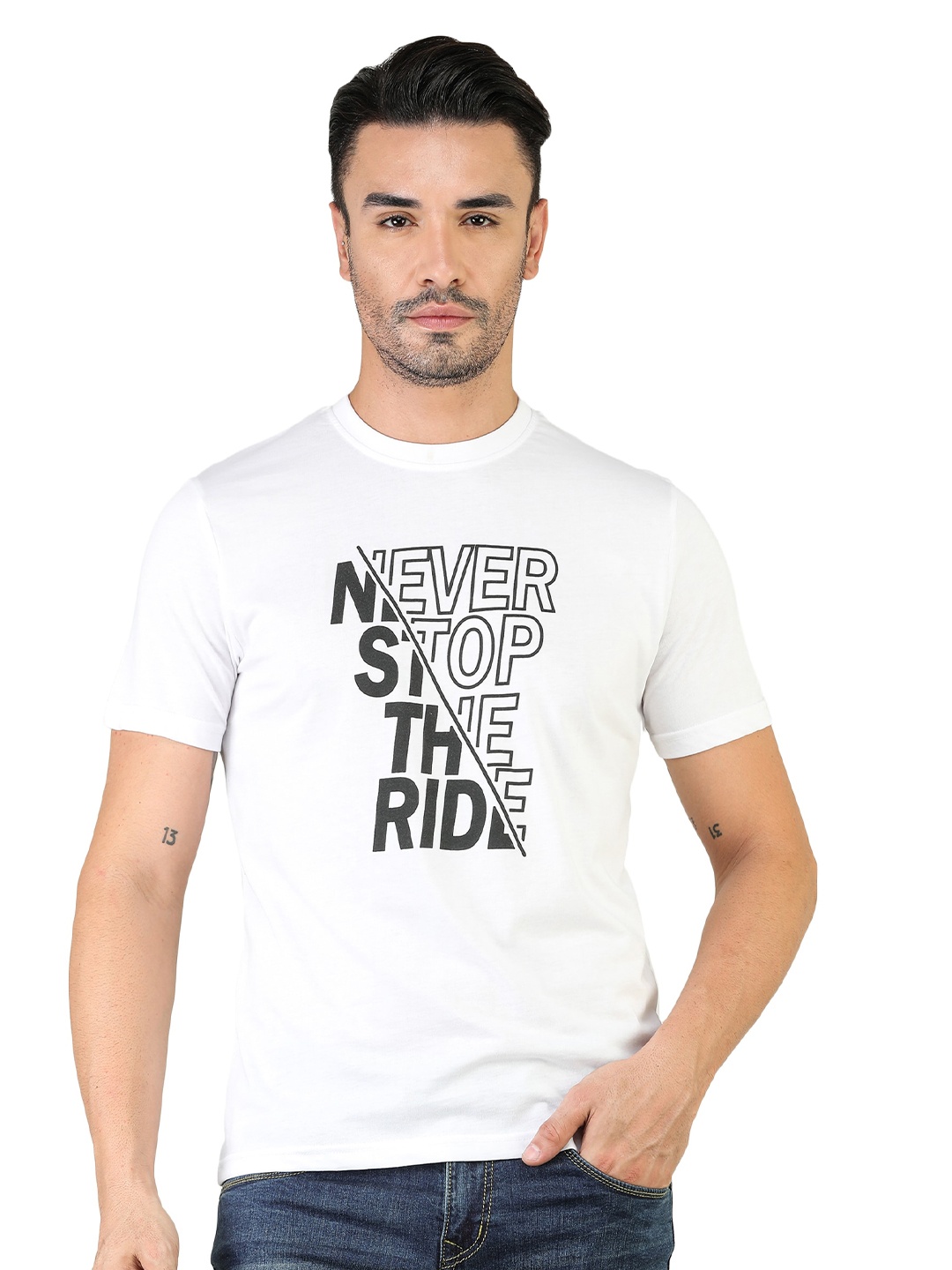TQS Typography Polo Collar Cotton T-shirt, White