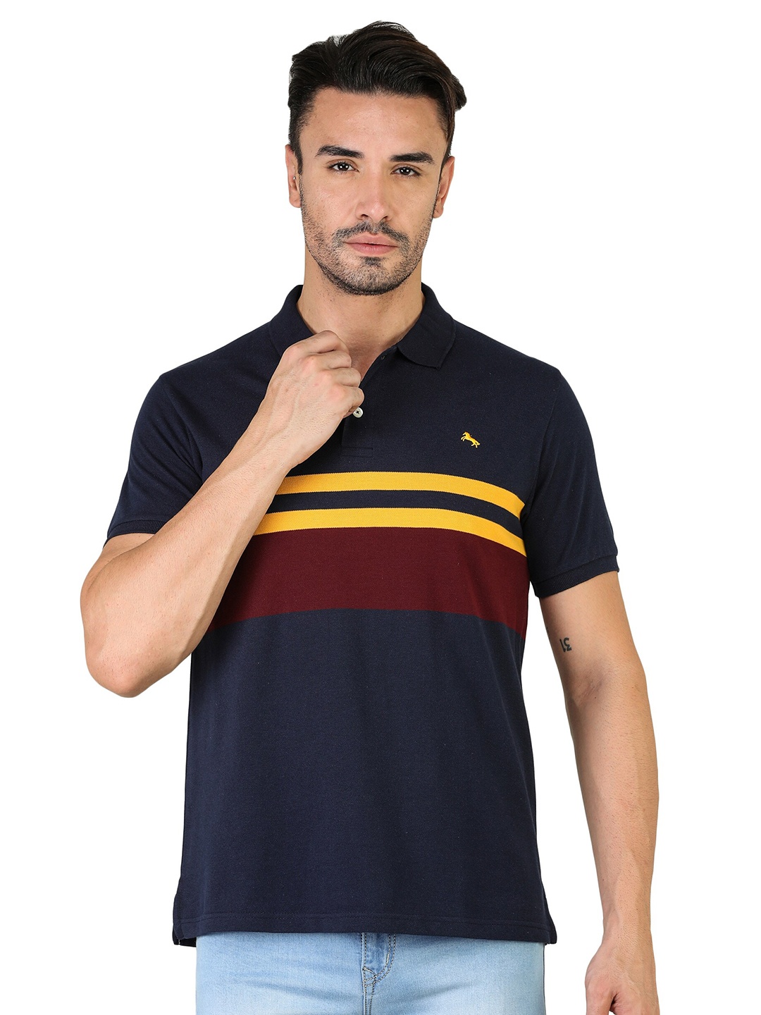 

TQS Men Polo Collar Slim Fit Striped T-shirt, Navy blue