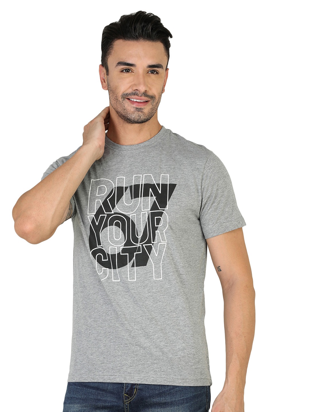 

TQS Typography Printed Cotton Slim Fit T-shirt, Grey melange