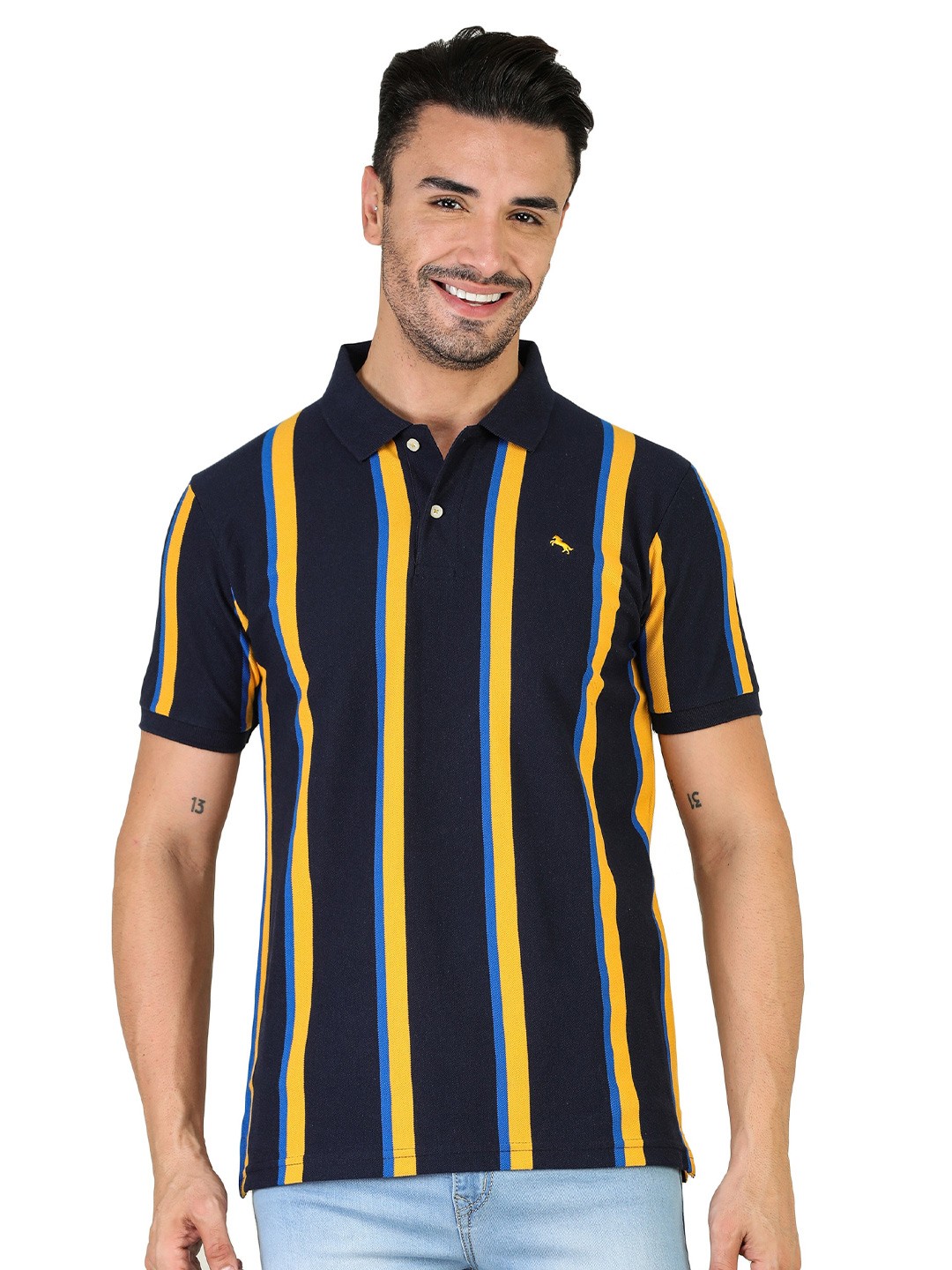 

TQS Striped Polo Collar Cotton T-shirt, Navy blue