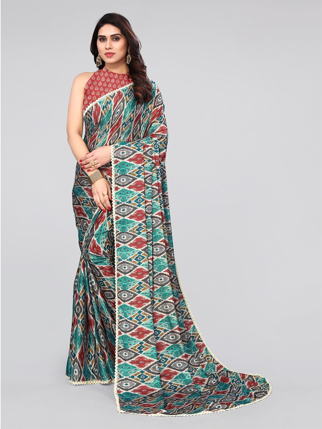 

MIRCHI FASHION Teal & Red Ikat Printed Zari Saree