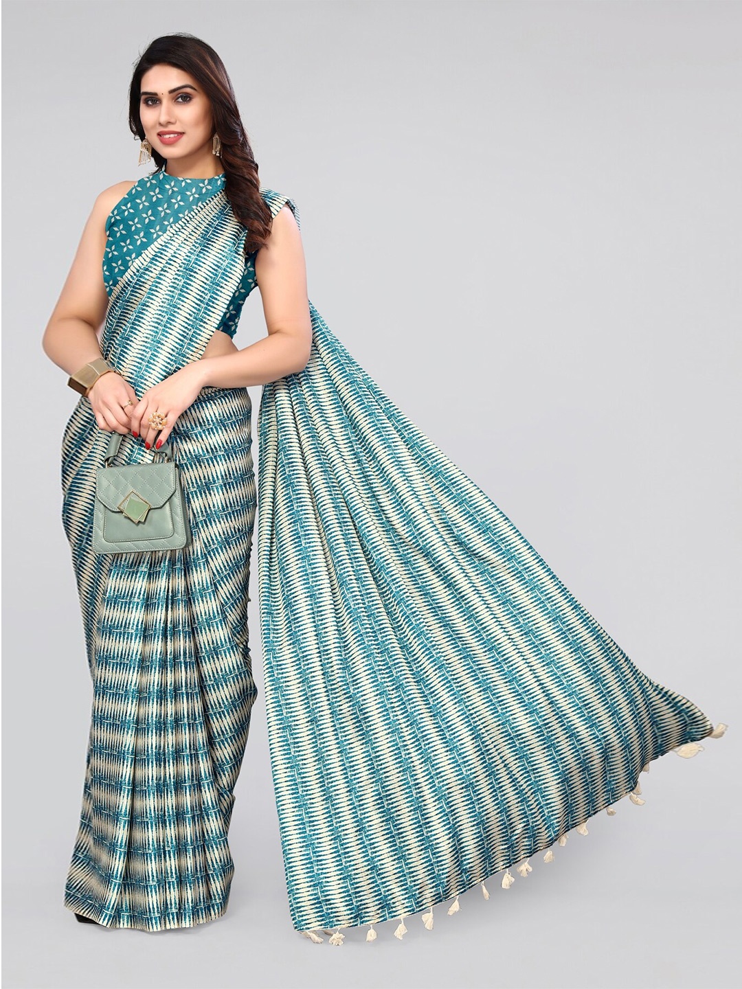 

MIRCHI FASHION Cream-Coloured & Green Striped Satin Saree